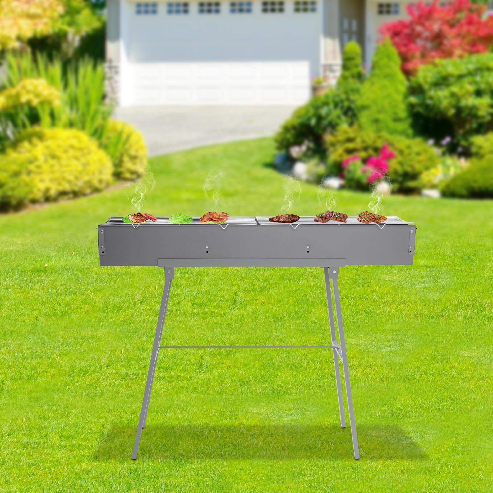 Grill kempingowy, grill na węgiel drzewny z 2 siatkami, składany grill piknikowy, 100 x 18 x 13 cm, grill kempingowy, grill węglowy, grill ogrodowy
