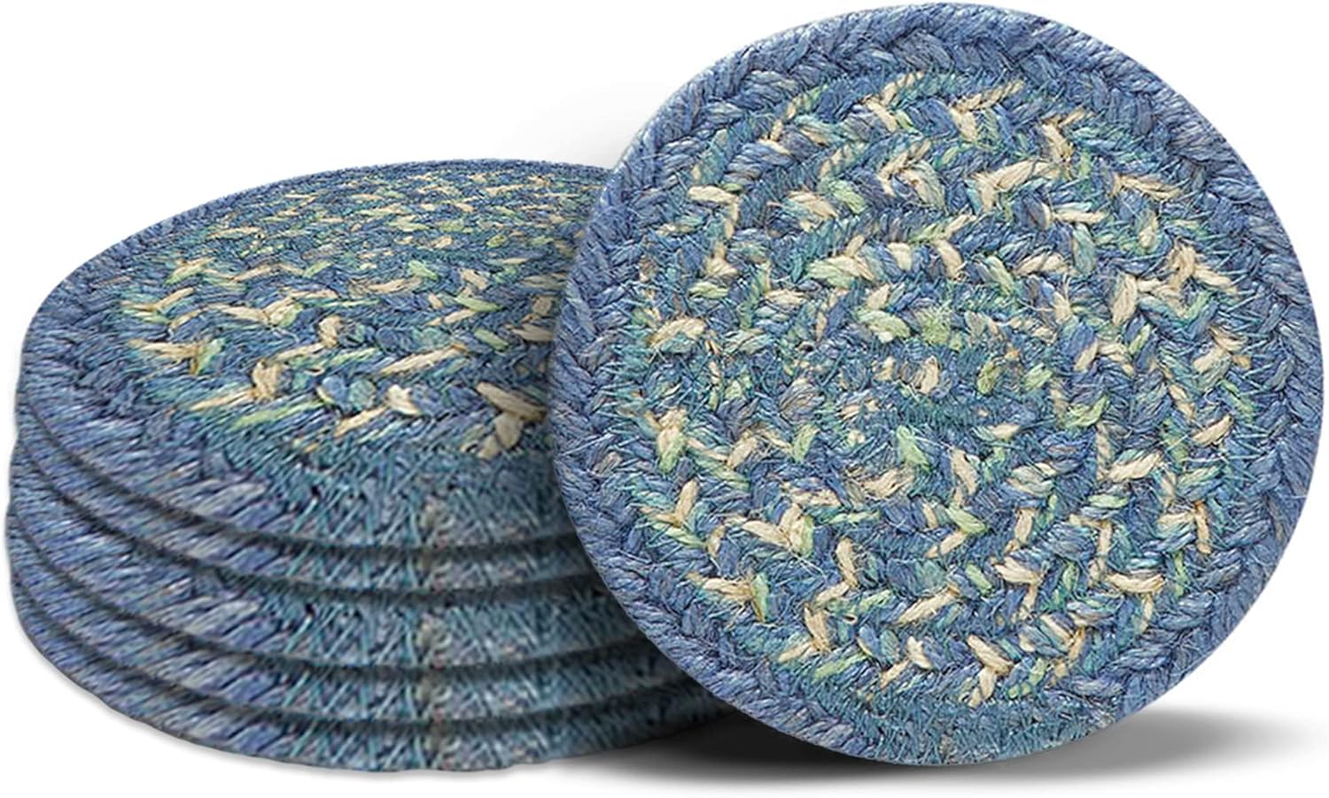 VHC Brands Jolie Jute Farmhouse Table Decor Coaster Place Mat Set, Cottage Kitchen Dining Room Countertop, Blue & Green (6 pc. Coaster Set)