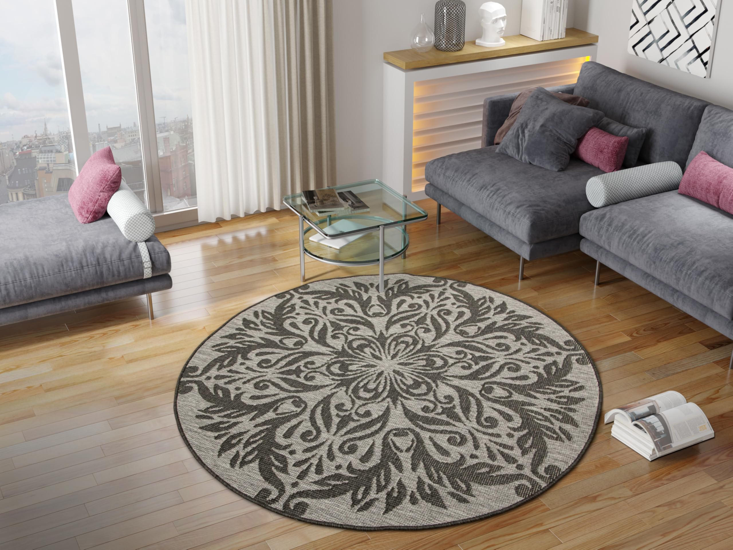 Sizalowy dywan, dwustronny, sznurkowy, na zewnątrz, do wewnątrz, na taras, na balkon, do salonu, nowoczesny, naturalne kolory, okrągły, ornament. (śr. 160 cm)