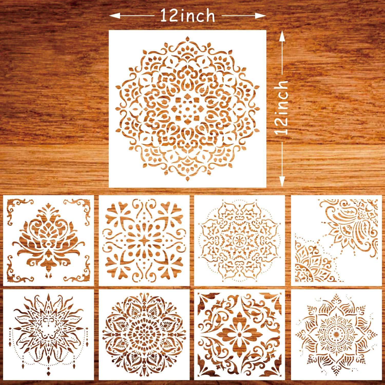 9 Pack Large Mandala Stencils, 12 Inch Templates for Wood and Walls