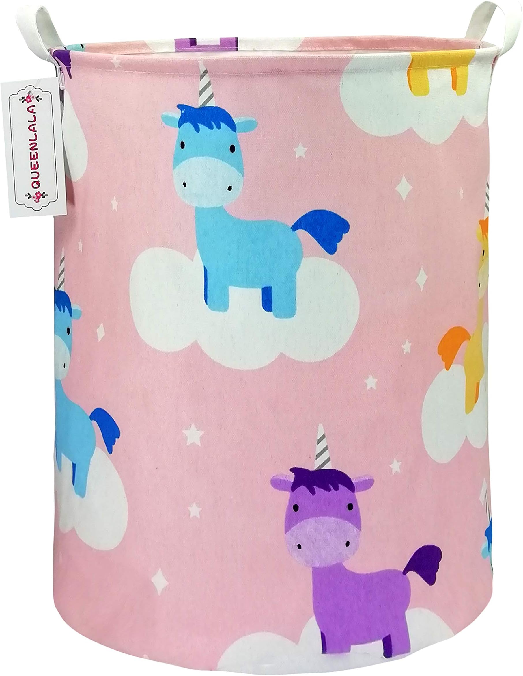 QUEENLALA Large Storage Basket,Laundry Hamper/Bathroom/Home Decor/Collapsible Round Storage Bin,Boys and Girls Hamper/Boxes/Clothing(Pink Unicorn)