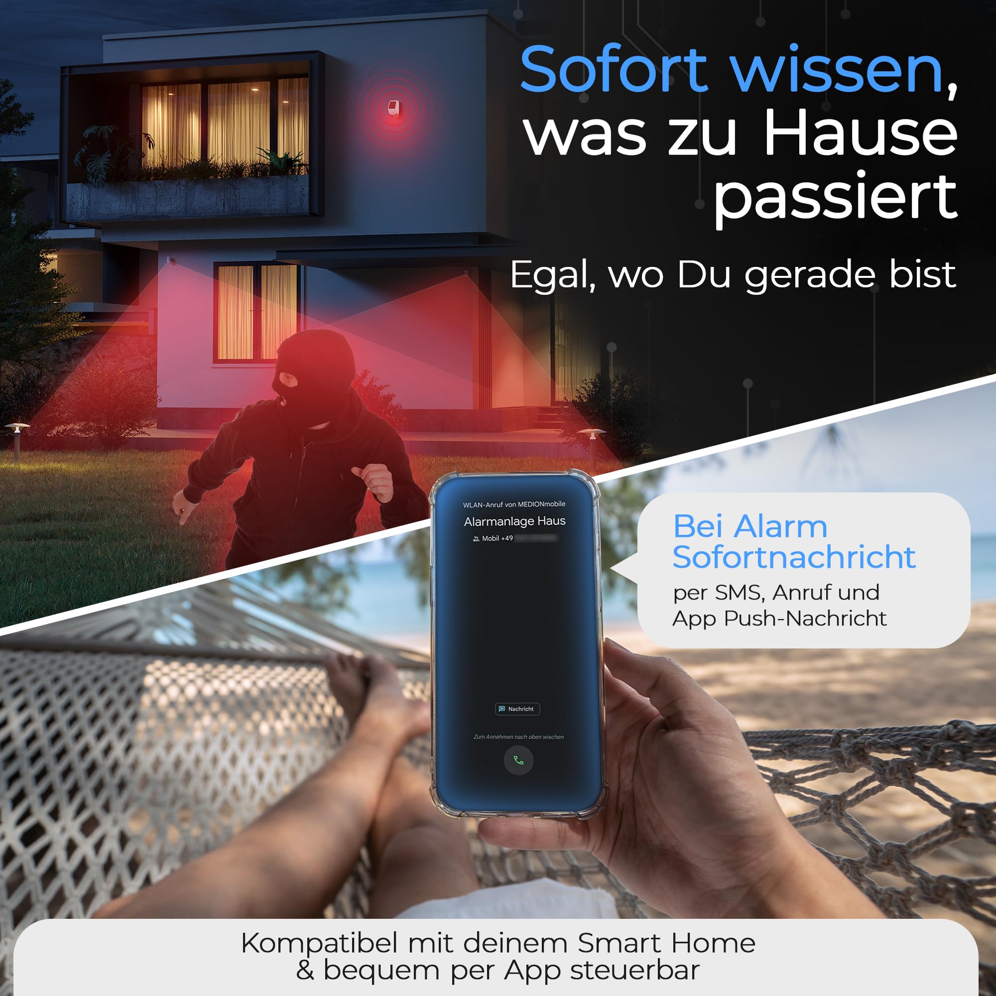 Safe2Home® Sistema de alarma inalámbrico para casa, gran set SP310 con sirena solar, código de cambio, canales cambiantes, base certificada por TÜV-Rheinland, sistema de alarma WiFi con aplicación y