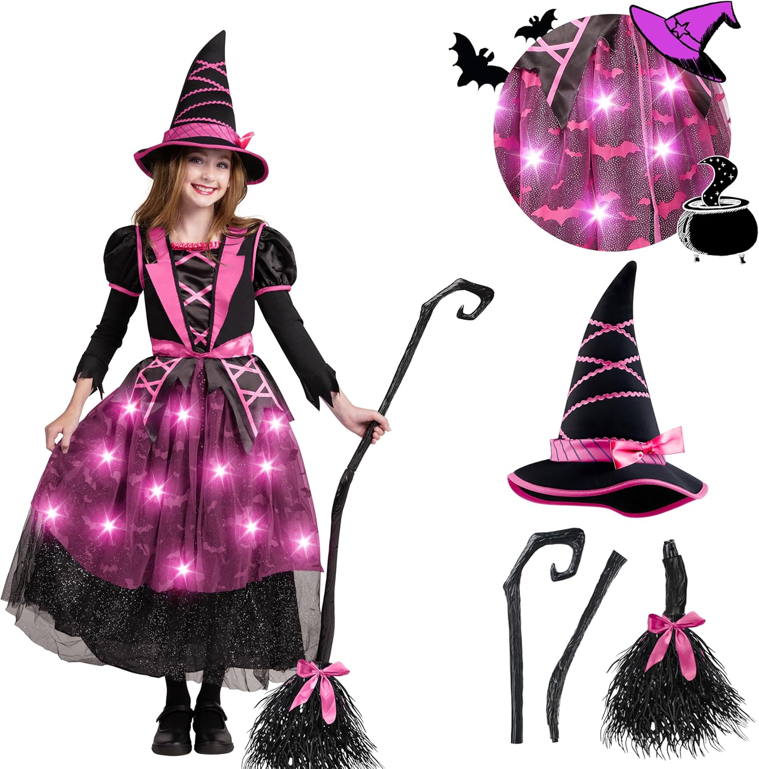 Spooktacular Creations Halloween Witch Costume Kids, Light Up Witch Dress with Hat and Broom for Girls, Toddlers Bat Outfit Set for Halloween Costumes Role Play Parties, Pink (Medium(8-10 yrs)) Pink Medium (8-10yr)
