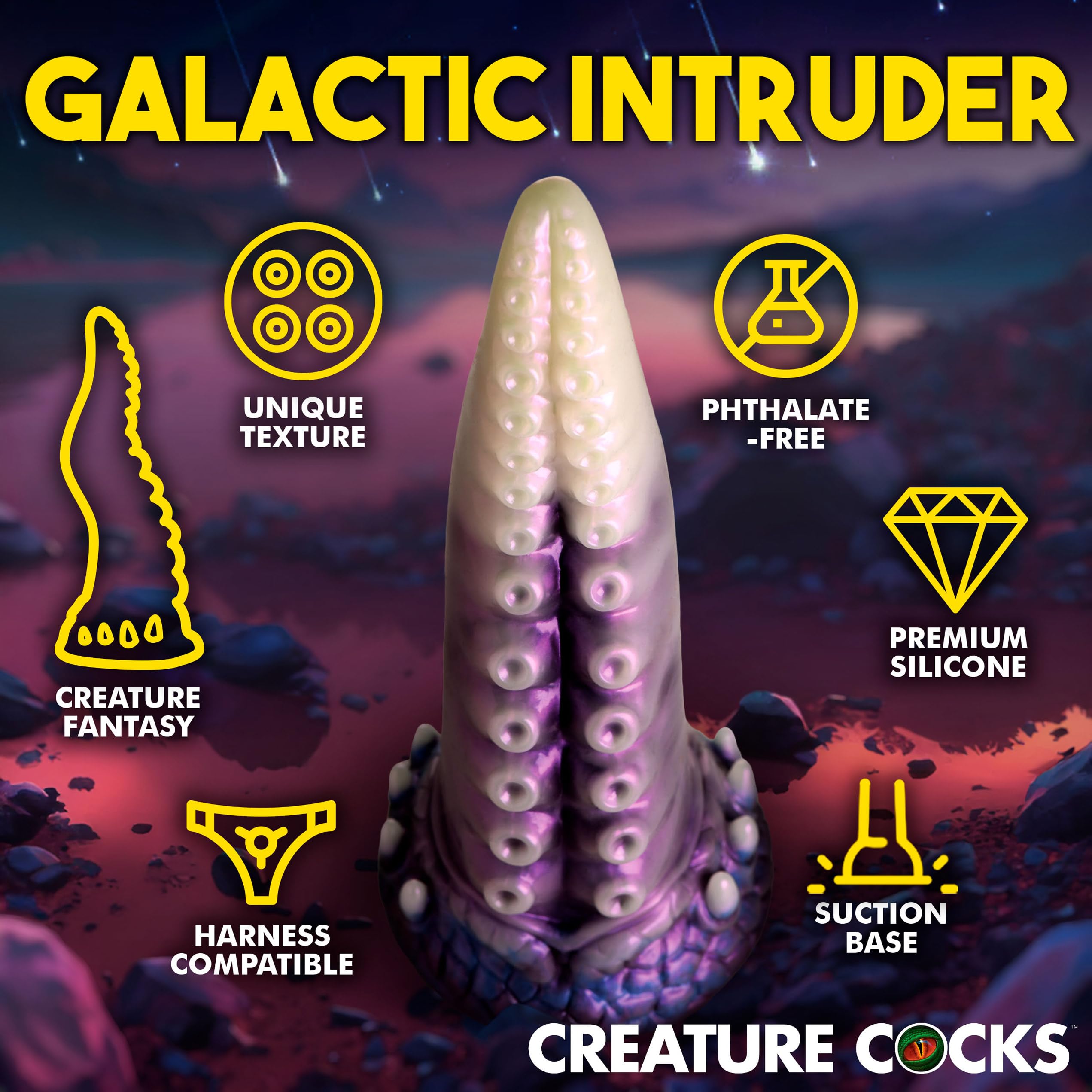 CREATURE COCKS Astropus Tentacle Silicone Dildo for Men, Women & Couples. Fantasy Dildo & Strong Suction Cup Base. Harness Compatible, Stimulating Textures. 1 Piece, White & Purple.