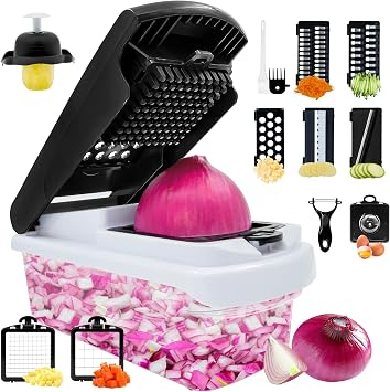 Welsteepse Vegetable Chopper - 13 in 1 Multifunctional Food Chopper,7 Blade Veggie Food Onion Cucumber Slicer, Cheese Grater,Home Essentials & Kitchen GadgetsBlack/White