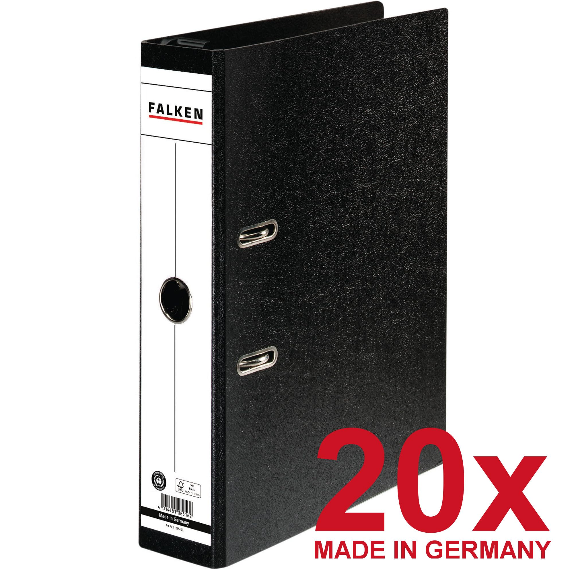 Falken Lot de 20 classeurs suspendus en carton rigide - Fabriqués en Allemagne - 8 cm de large - Format A4 - Noir - Avec arceau de suspension en plastique - Classeur à anneaux - Classeur à levier -