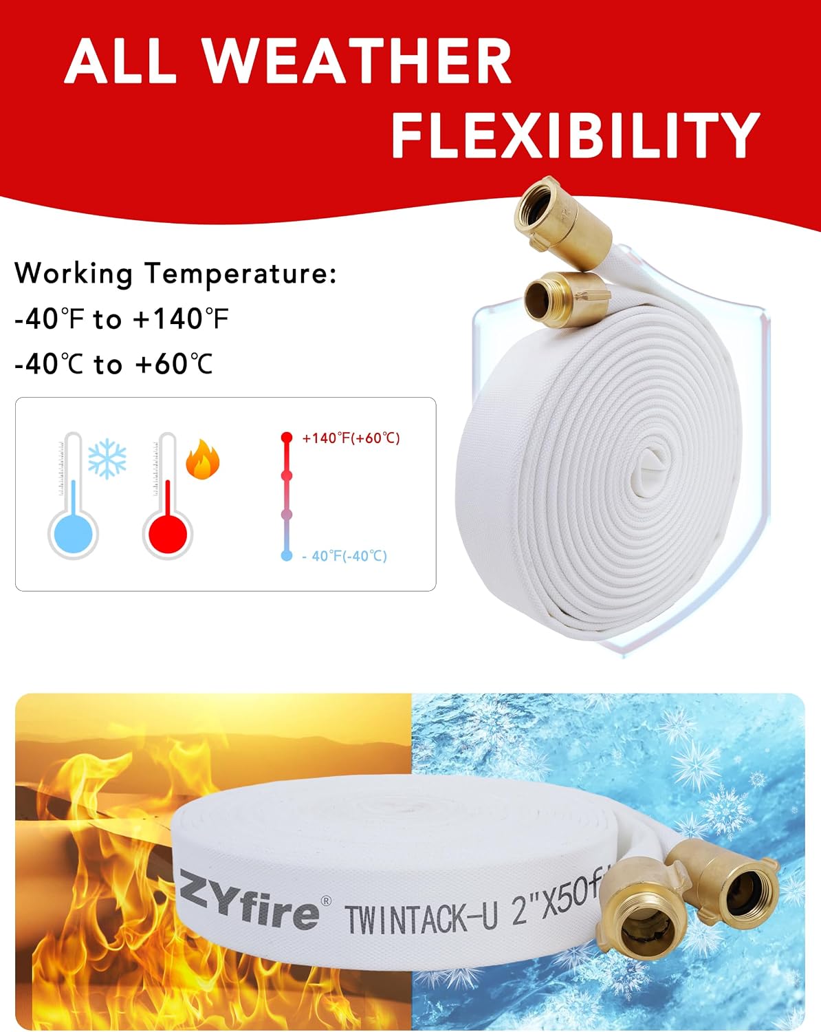 ZYfire Fire Hose – 2" ID x 50 FT Double Jacket TPU Firefighter Hose with M x F NPSH Brass Couplings 1200 PSI Burst Pressure Lightweight for Firefighting & Residential Use