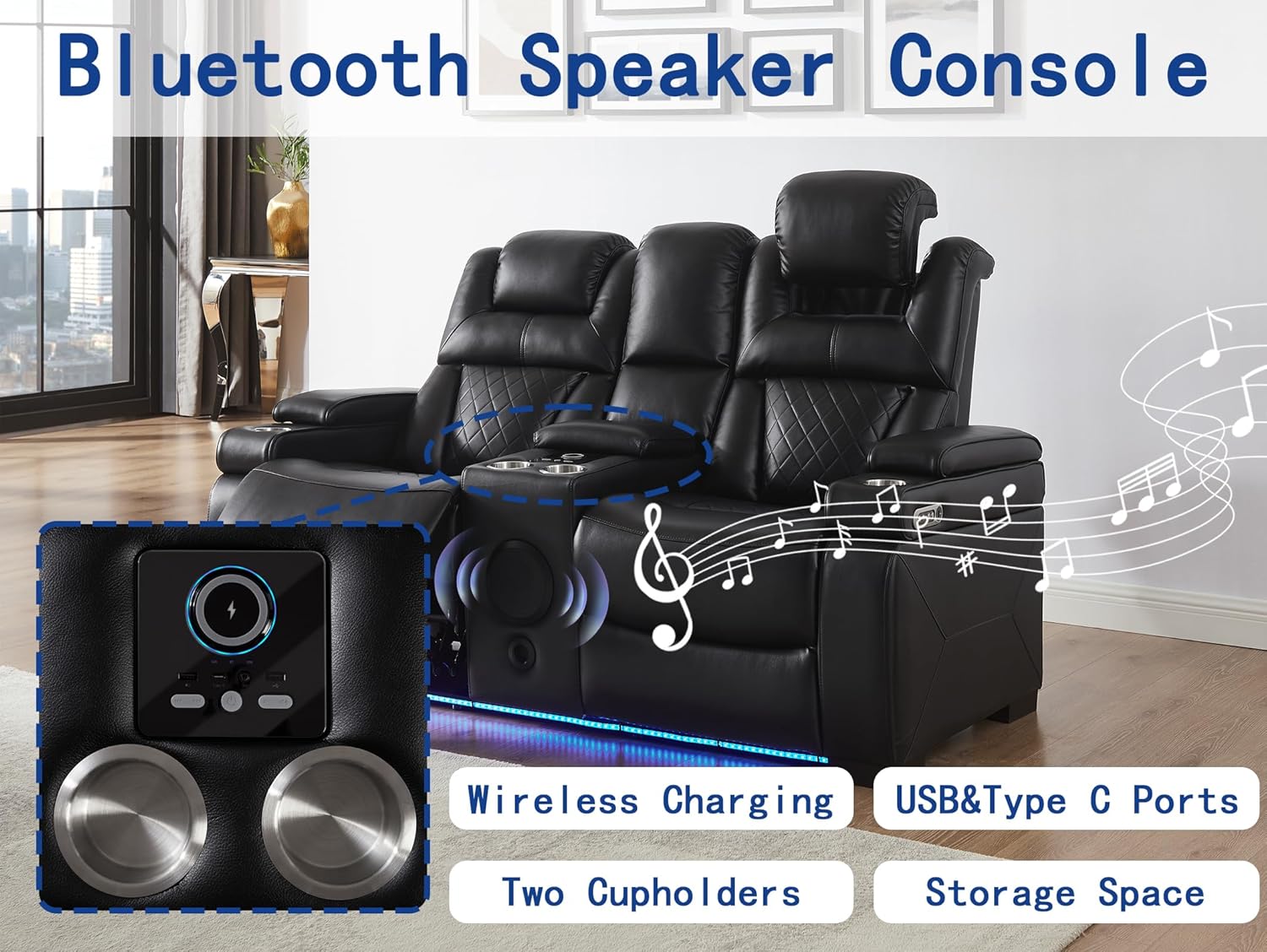 THSUPER Power Breathable Leather Reclining Sofa and Loveseat Set with 7-Color LED Light, Living Room Recliner Couch Set with Adjustable Headrest/Reading Light/USB Port/Bluetooth Speaker, Black