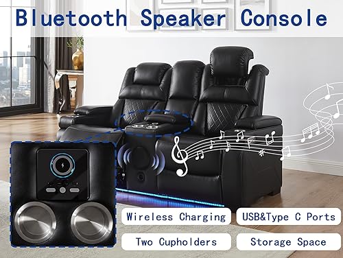 Miniatura 5 de THSUPER Juego de sofás reclinables de cuero transpirable con potencia con luz LED, asientos reclinables de cine en casa con reposacabezas Negro