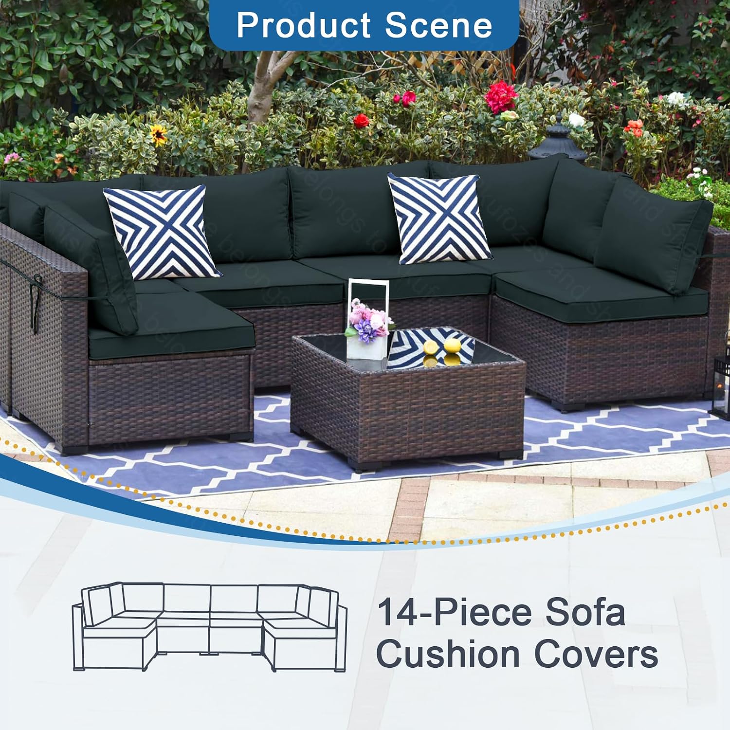 14 PCs Patio Cushion Covers for 7 PCs Outdoor Furniture Sectional Seating Sets Water Resistant Plus 2 Throw Pillows (Gray, 24.8(L)*24.8(W)*3.14(T) inches)