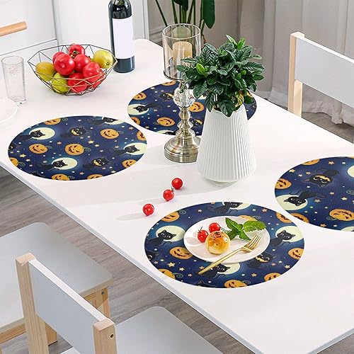 Miniatura 6 de Cute Cats Pumpkins Moon Blue Table Placemat, Washable Heat Resistant Thick Placemats for Kitchen one sizex6