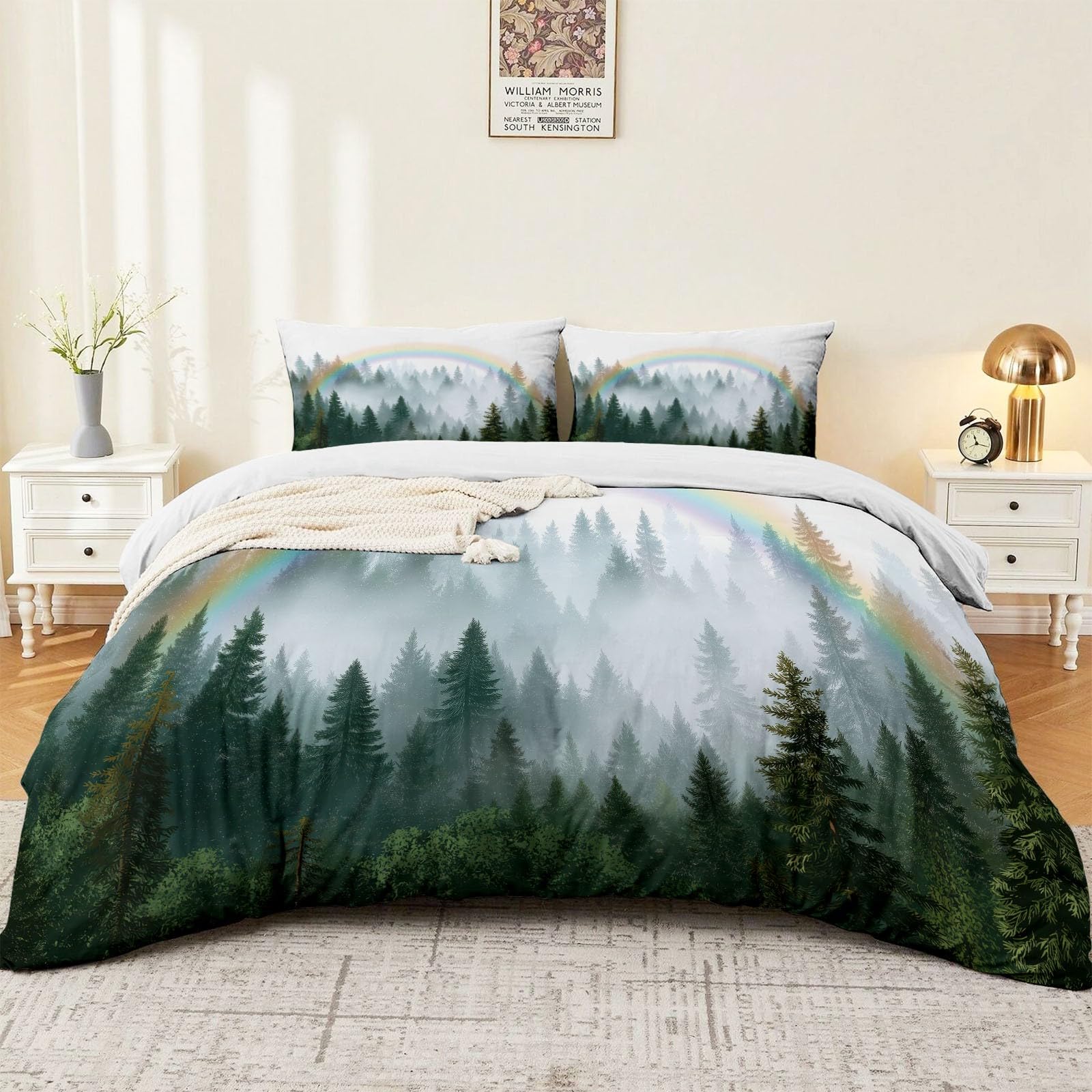 Nature Rainbows Forests Mist zestaw pościeli zielony dwustronny zestaw poszewek na kołdrę, miękka szczotkowana mikrofibra, poszewka na kołdrę 230 x 220 cm, poszewka na kołdrę, 2 poszewki na poduszki i