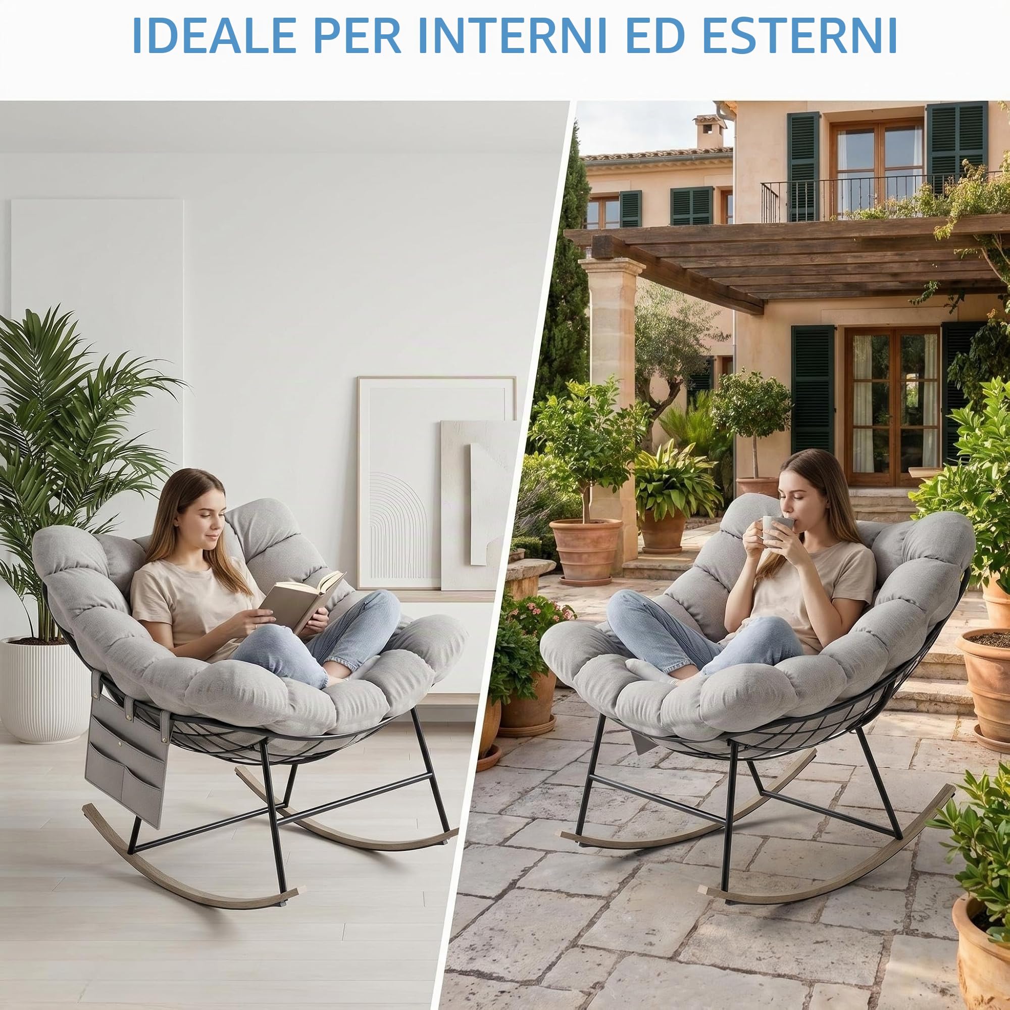 Sedia a Dondolo Esterno Oversize con Tasca Laterale per Soggiorno, Giardino | Poltrona a Dondolo Relax con Cuscino Imbottito, Struttura in Acciaio Portata 150kg Ergonomica per Interno, Camera da Letto