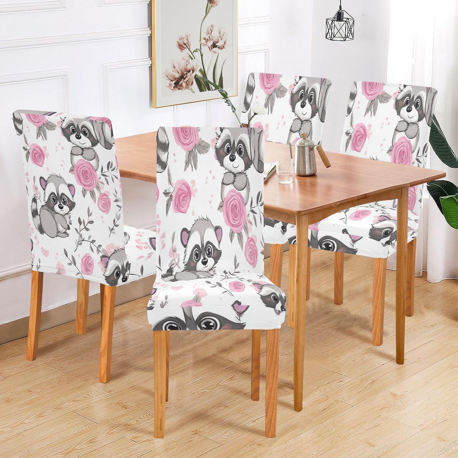 ALAZA Chair Covers for Dining Room, Cute Cartoon Raccoons Rose Stretch Chair Cover Sets Chair Protector Removable Washable for Ktichen Restaurant Hotel
