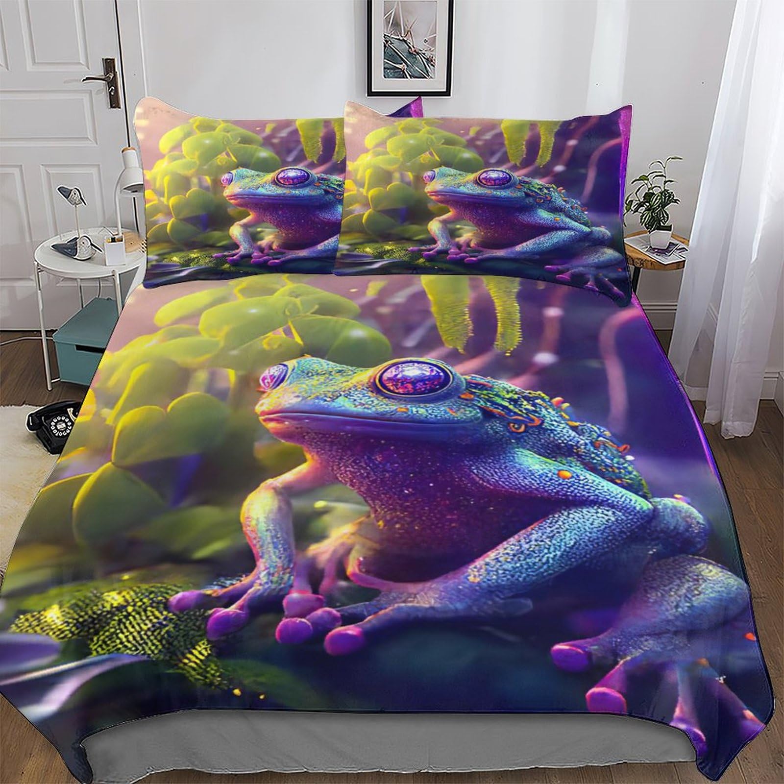 Housse de couette grenouille 220x240cm en microfibre douce avec sa taie d'oreiller pour grand lit
