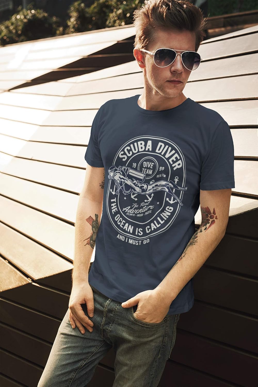 Maglietta Uomo Originale Sub Scuba Diver - Ocean Is Calling - Stampa Divertente Vintage - Regalo Alla Moda Marina Francese (Taglia L)