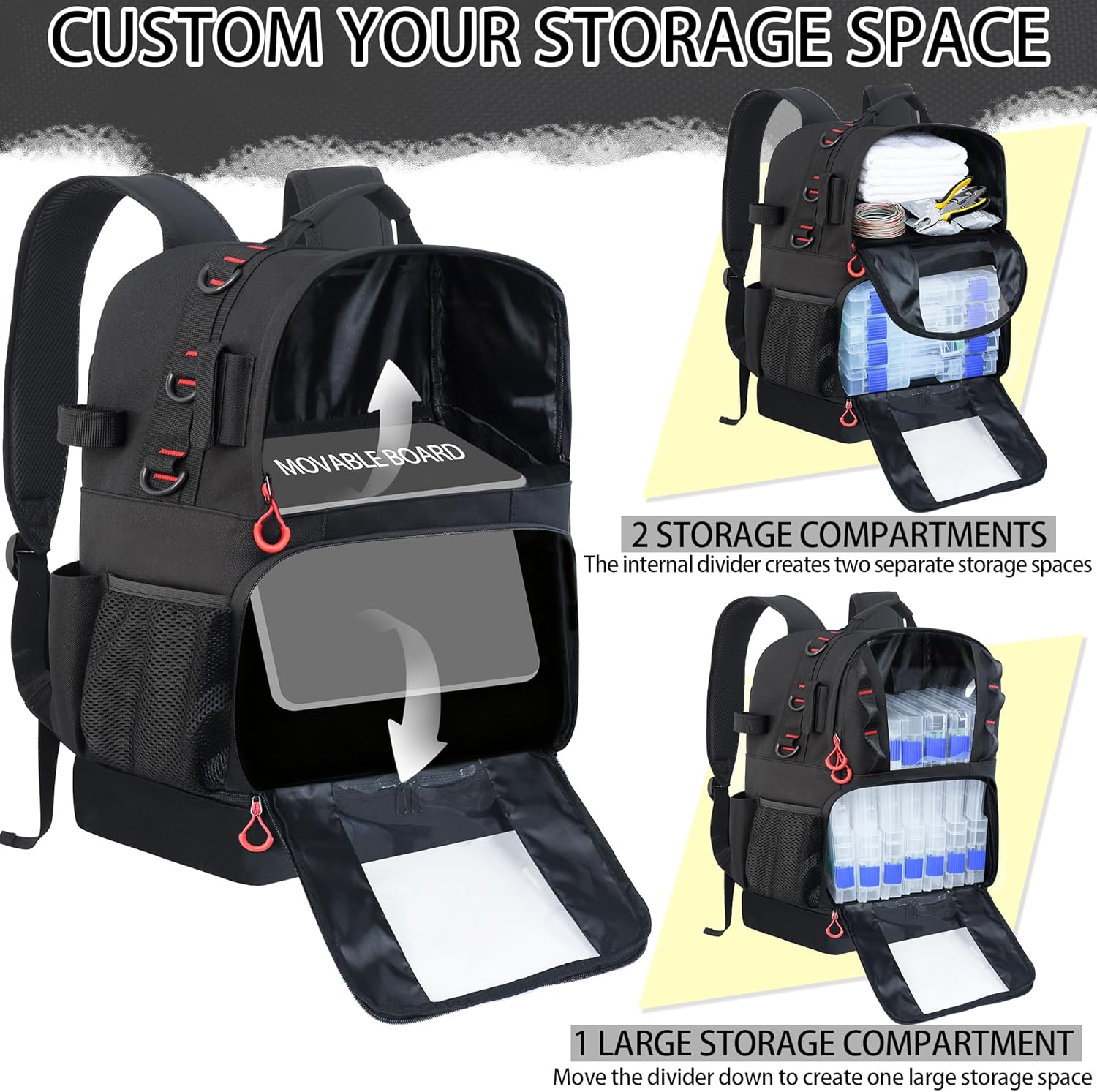 Fishing Tackle Backpack with 4 Tackle Boxes,45L Large Tackle Bag with 2 Rod Holders & Clear Window,Outdoor Fishing Backpack for Camping,Hiking,Black