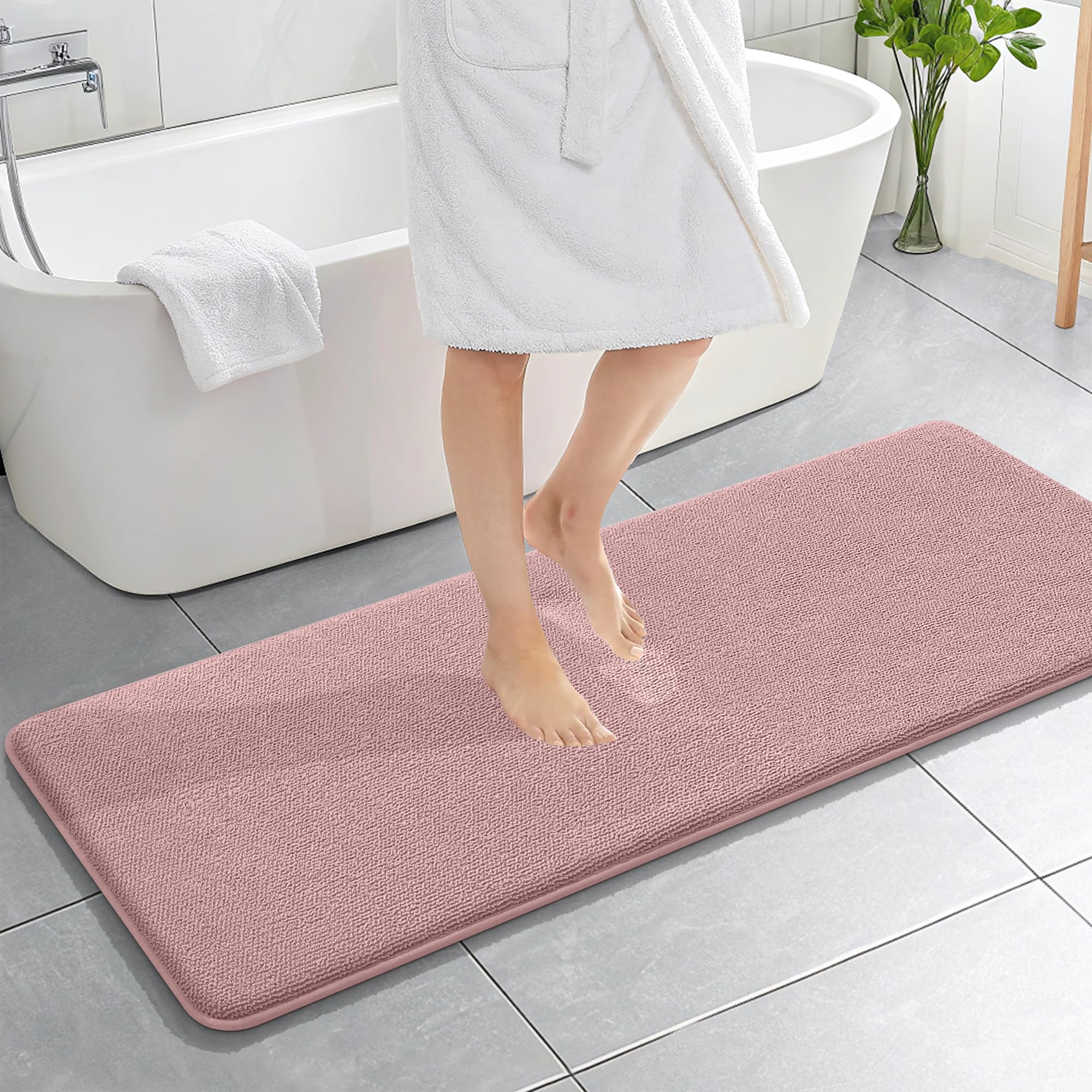 OLANLY Memory Foam Bathroom Runner Rugs 59x20, Long Bath Mats, Dusty Rose
