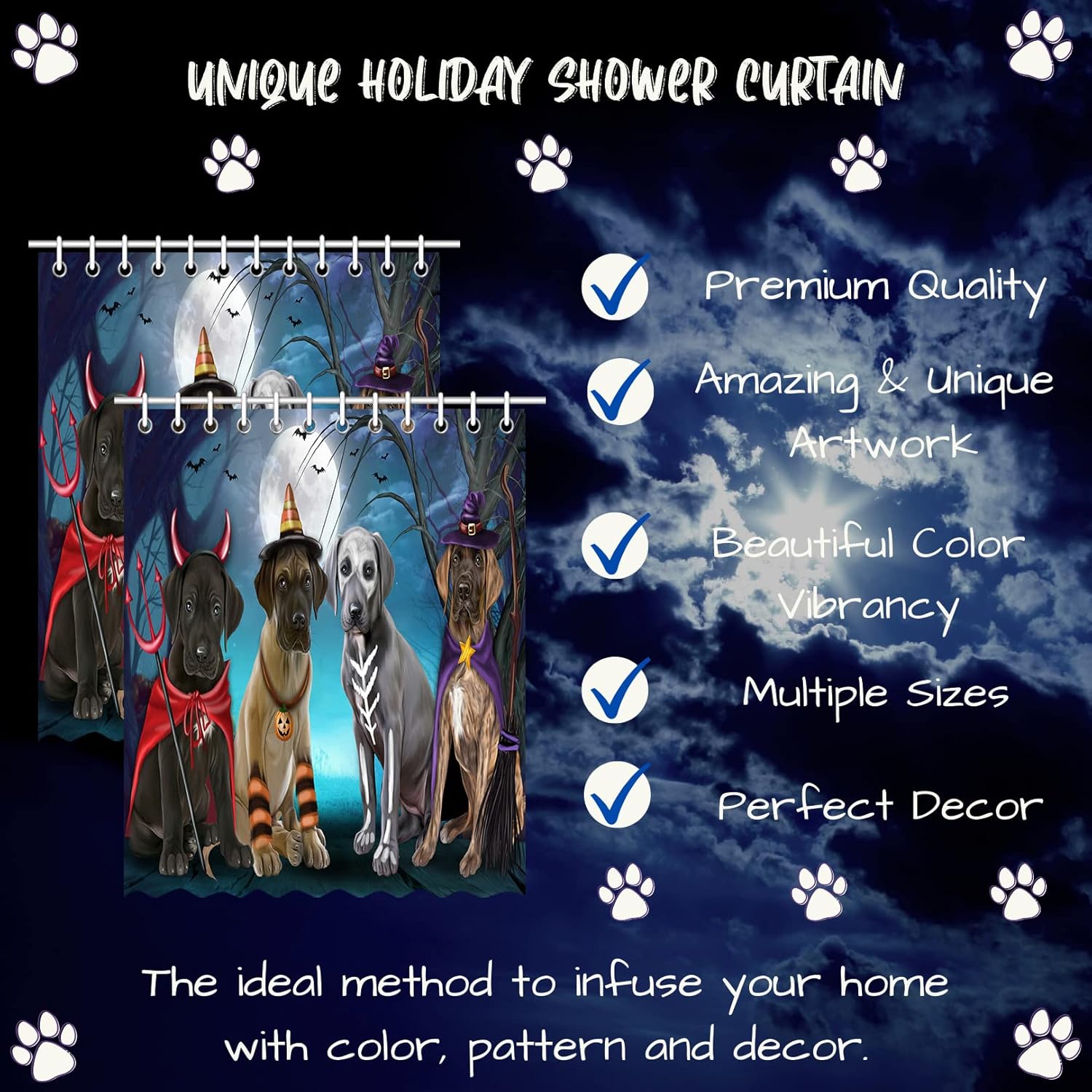 Happy Halloween Trick or Treat Great Dane Dogs Shower Curtain - Waterproof Polyester One-Side Printing Pet Bathtub Curtain Decor Curtain for Bathroom with Hooks, 69"x70"