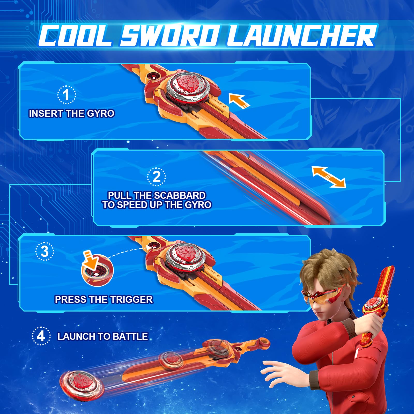 INFINITY NADO trottola metallica, con lanciatore a spada, trottola luminosa, adatta a bambini e bambine dai 5 ai 10 anni e oltre, Blazing War Bear, rosso.