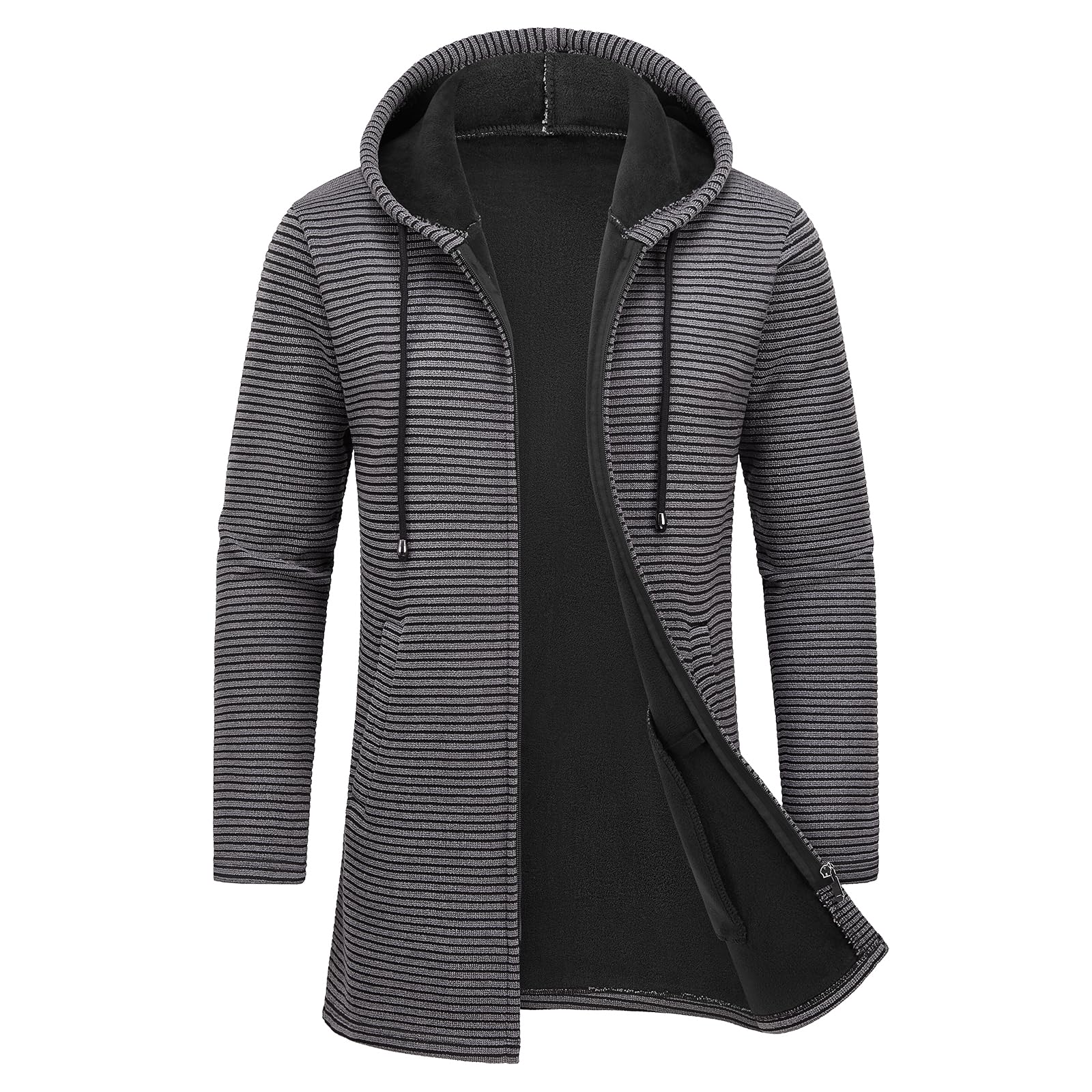 Men's Cardigan Medium Length Hooded Knit with Pockets Striped Autumn and Winter Fleece Jacket Cardigan-image-28