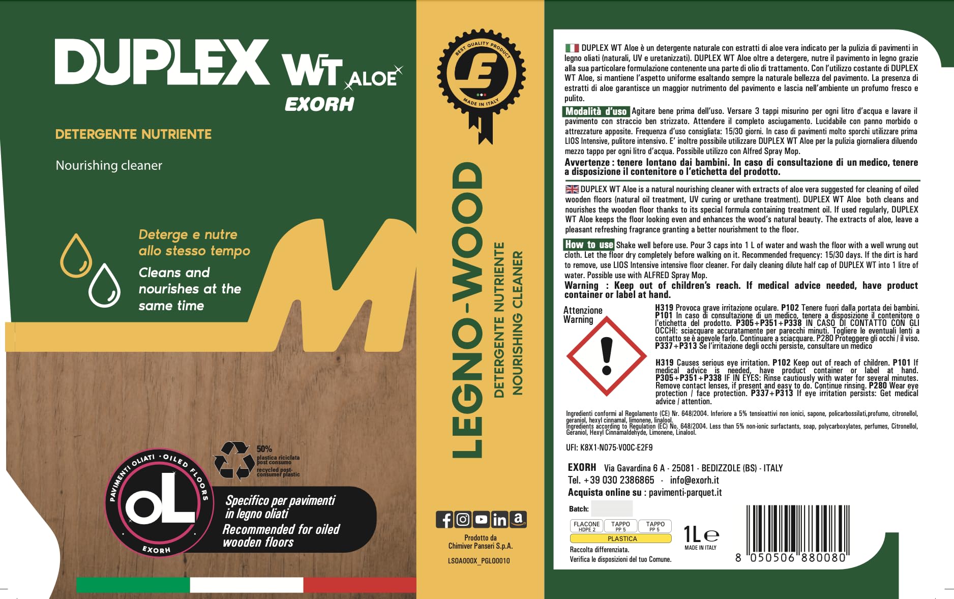 DUPLEX WT ALOE Detergente per la Pulizia di parquet in Legno oliati con estratti di Aloe vera Flacone da 1 L (2 litri)