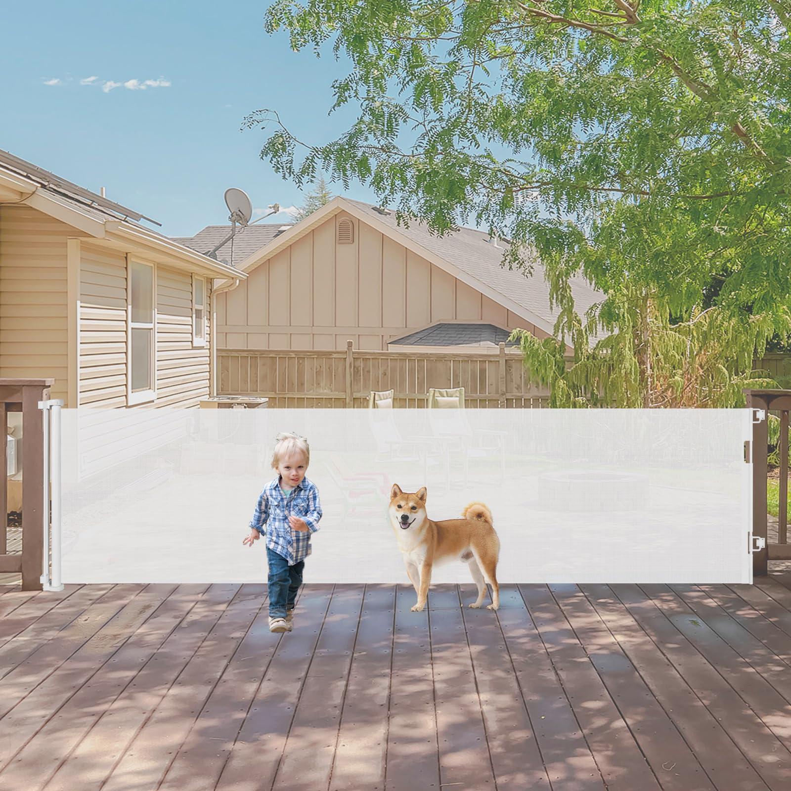 140 Inch Wide Retractable Baby Gates Retractable Dog Gate for Large Openings, Extra Wide Baby Gates for Dogs Indoor Retractable Gate Outdoor Dog Gate, Mesh Gates for Kids or Pets Baby Fence, White