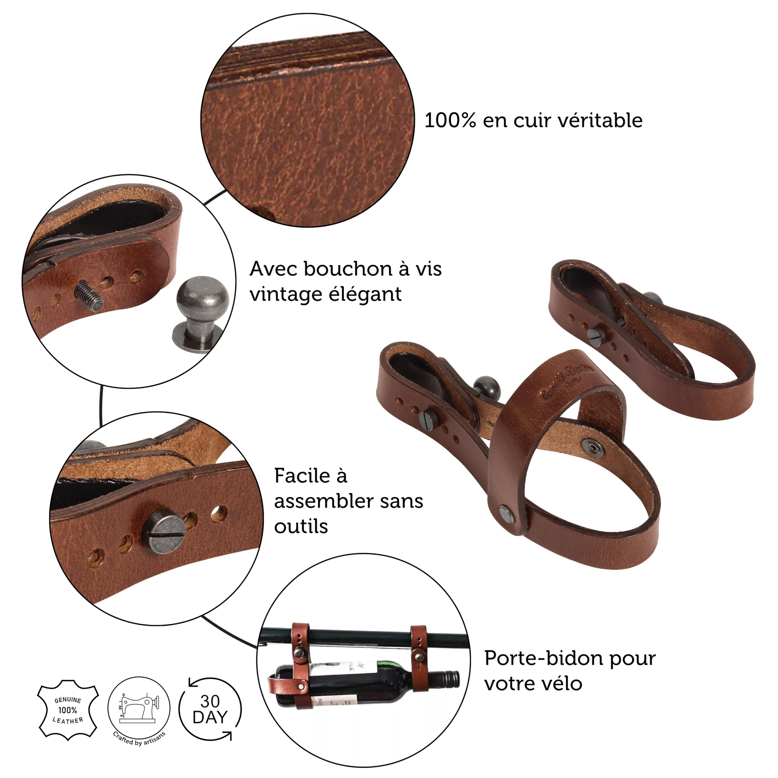 Gusti Connie - Support De Bouteille Cuir Vintage Pour Guidon De Vélo - Porte-Bouteille Marron Foncé En Cuir De Buffle
