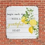 Vintage Metal Sign Begin Each Day with A Grateful Heart Lemons Flowers Inspirational Quote Rustic Wall Home Sign Plaque Retro Metal Art Prints for Indoor Workshop Decor Home Decor 10x10 Inch
