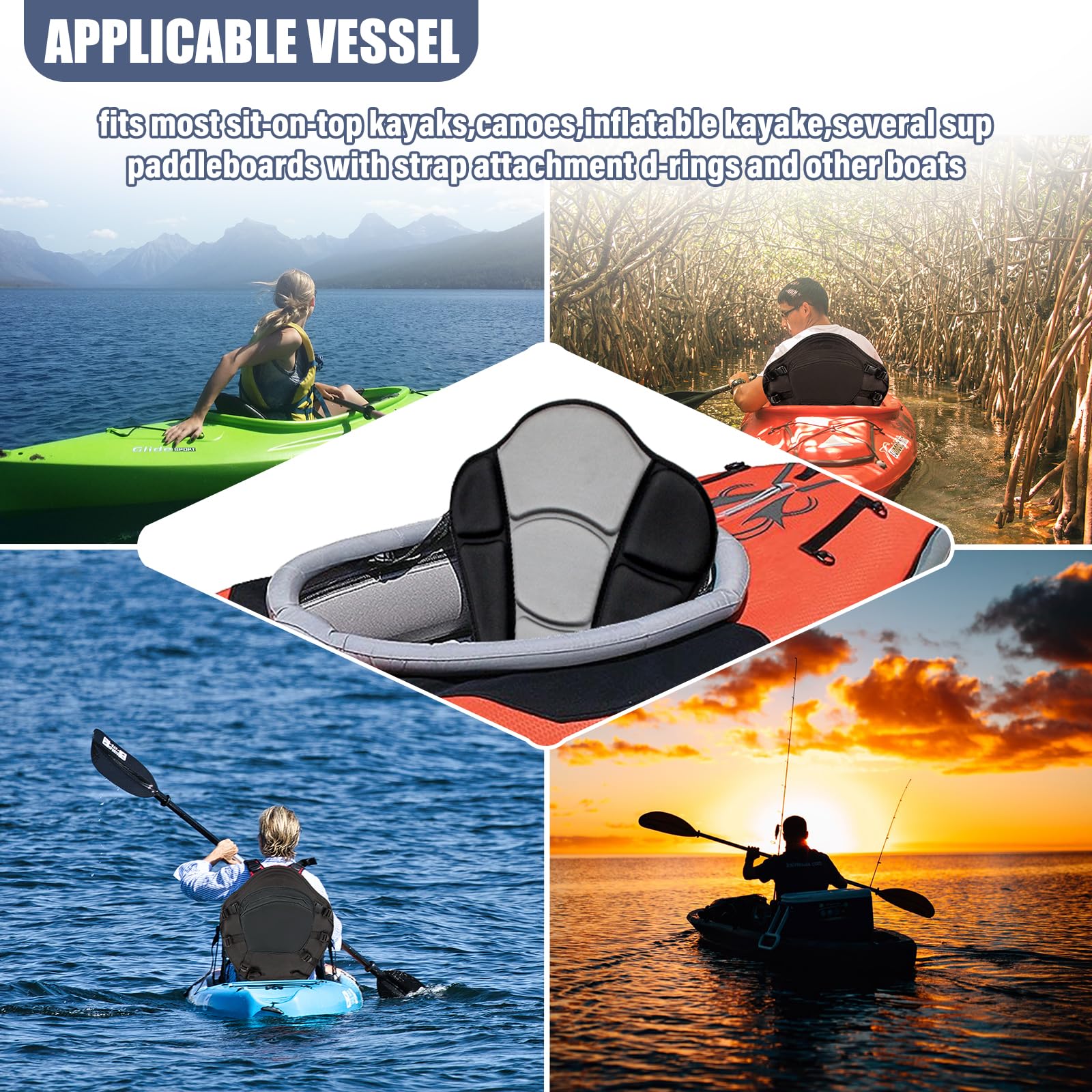 Thickened Kayak Seats - Premium Shockproof Seats with Back Support for Kayaking, Canoeing, Fishing, Paddle Boarding - Comfort, Versatility and Extra Storage (Deluxe Black+Gray, 1 pcs)