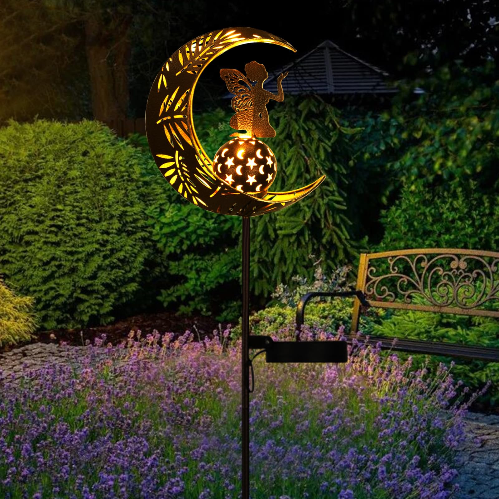 ZKLiLi Outdoor Fee Mond Solarlampe für Gartendekoration, magische Mond Solarlampe mit Rissglaskugel, wasserdicht, für Fahrbahn, Rasen, Terrasse, Innenhof