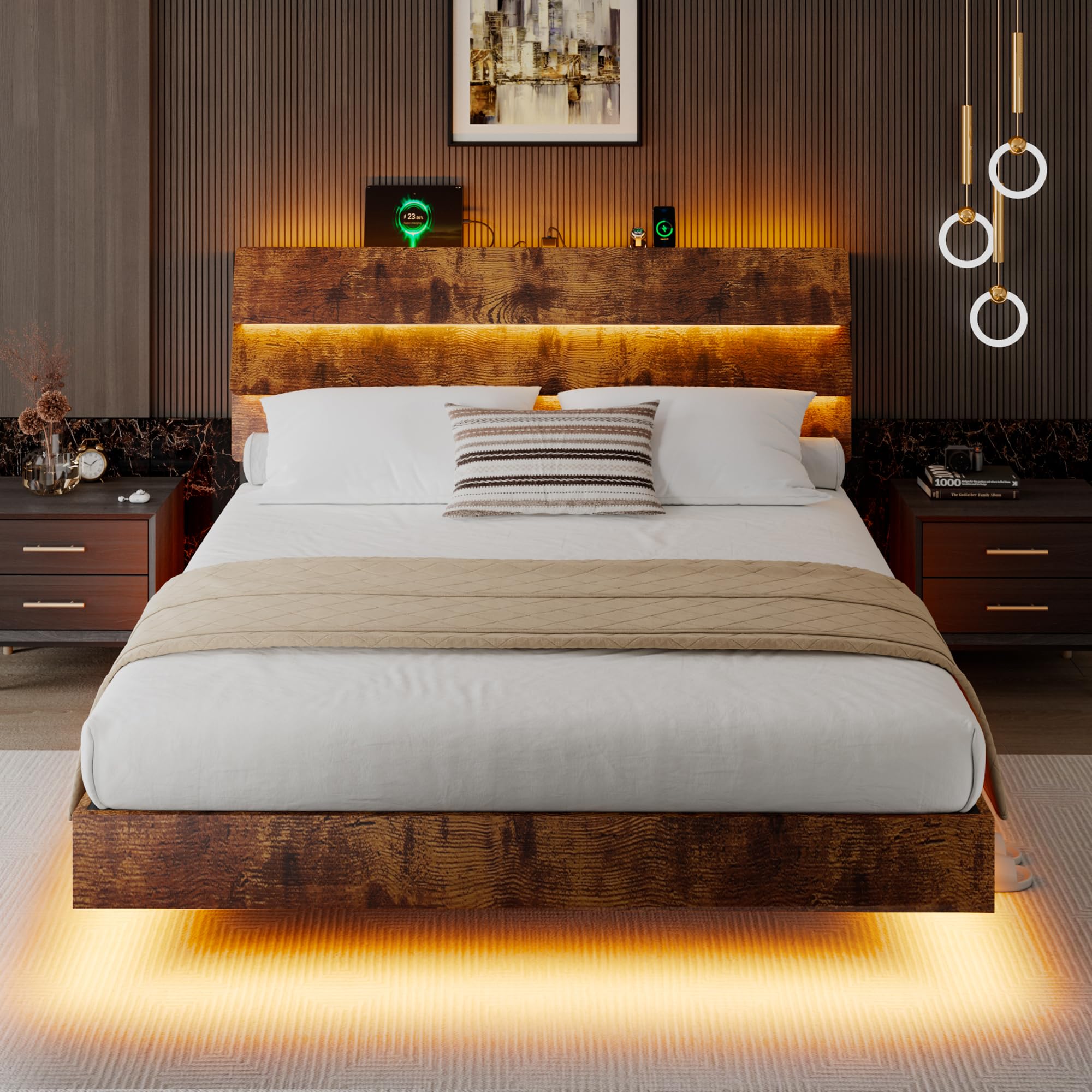 iPormis Floating Full Size Bed Frame with LED Lights & Charging Station, Platform Bed with Wooden Storage Headboard, Steel Slats Support, No Box