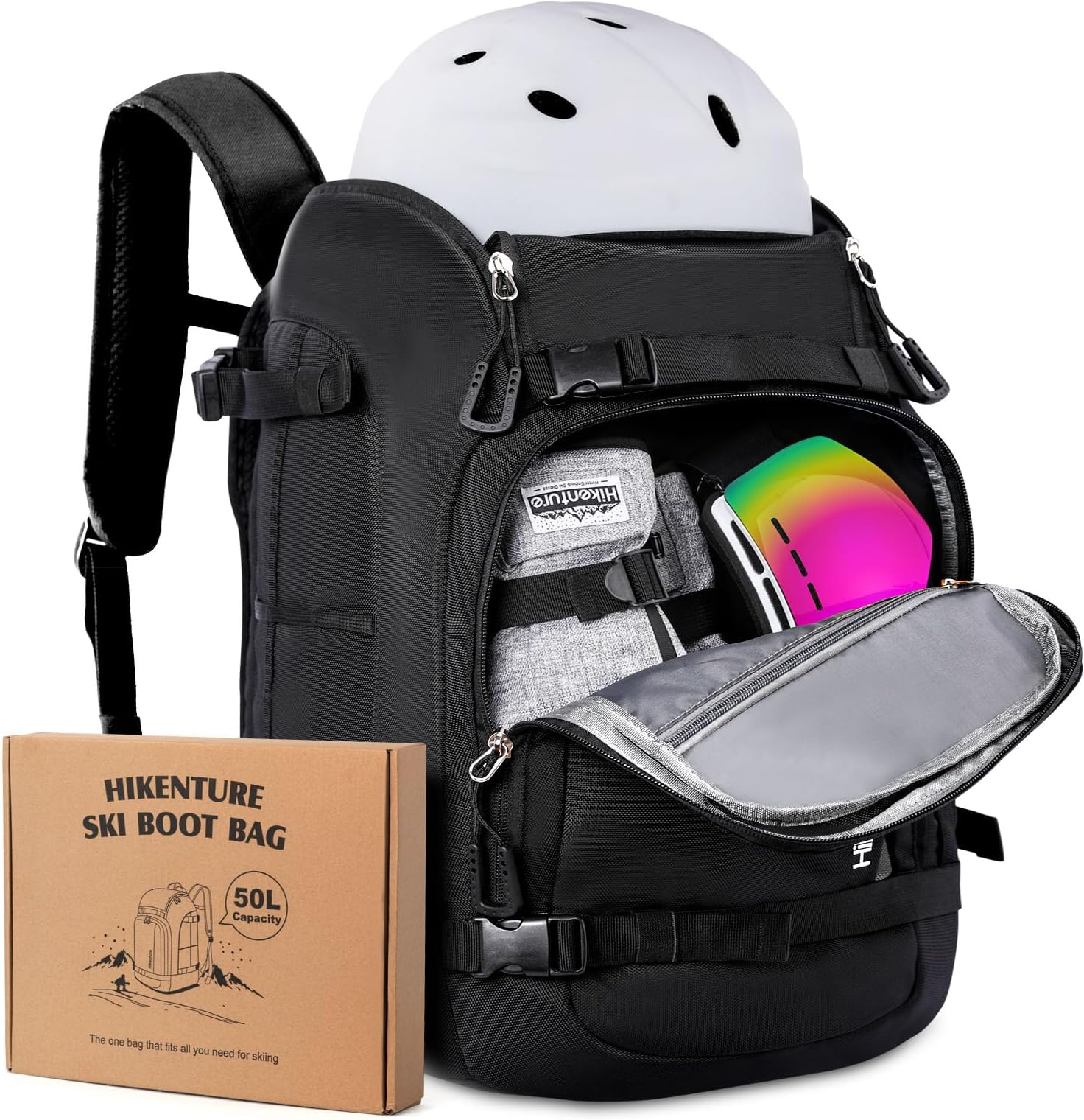 Hikenture Ski Boot Bag Backpack, 50L Padded Ski Bag Snowboard Boot Bag with Drain Holes, Large Capacity Water-Resistant Ski Travel Bag for Ski Boots, Helmet, Goggles, Clothes, Gloves, Snowboard Gear
