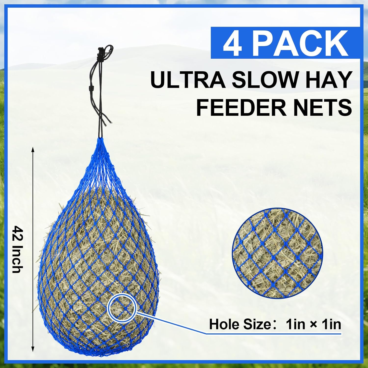 Windyun 4 Pcs Deluxe Ultra Slow Hay Feeder Nets, 42" Length with 1" Feeding Holes, Horse Supplies Heavy-Duty Top Loading Black Horse Hay Bag for Goats Sheep Livestock Barn Farm Feeding Tack(Blue)