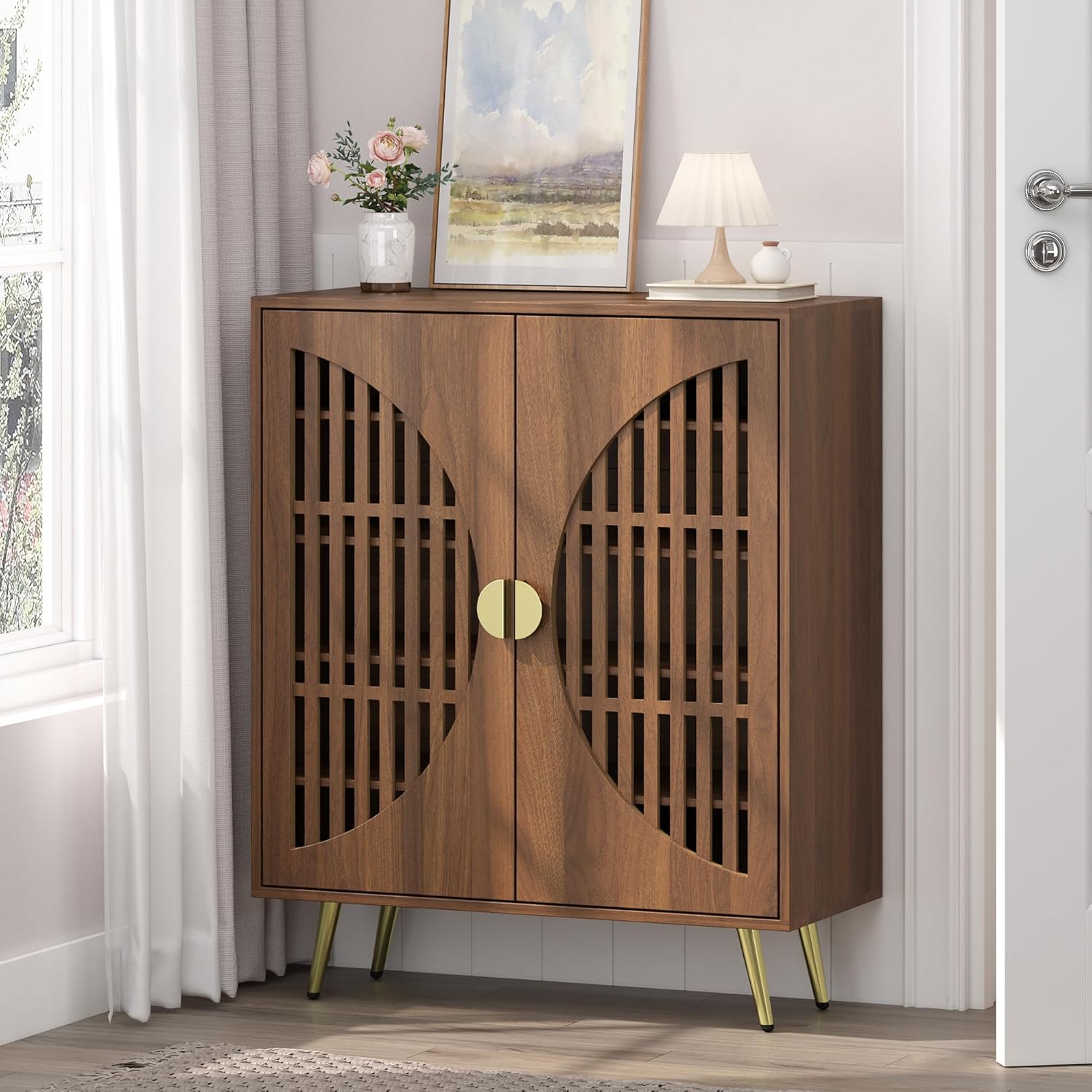 31.5" W Walnut Shoe Storage Cabinet with 2 Slatted Doors for Entryway, 5 Tier Shoe Organizer Rack with Adjustable Shelves for Front Door Entrance, Large Shoes Storage for Closet