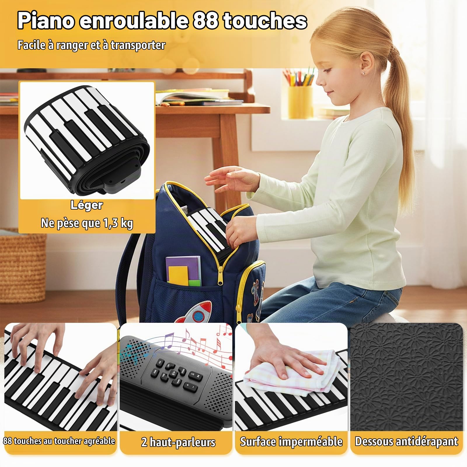 KOMFOTTEU Piano Numérique Enroulable 88 Touches, Piano Électroniques Pliable avec 128 Rythmes & Sons, 14 Démonstrations, Clavier de Pianos avec fonction MIDI, 133 x 20 x 2,5 cm