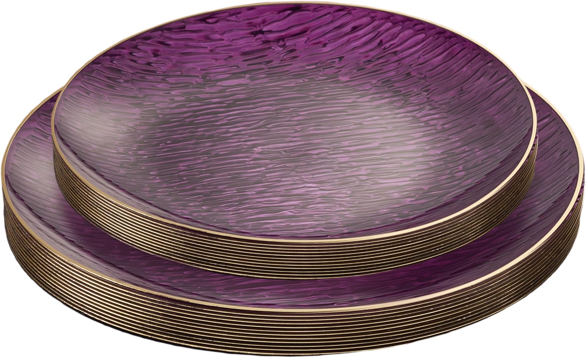 PLASTICPRO 24 Pieces Elegant Plastic Plates for Party Purple with Gold Rim Includes 7" inch and 10" inch Fancy Plastic Plates Disposable Dinnerware