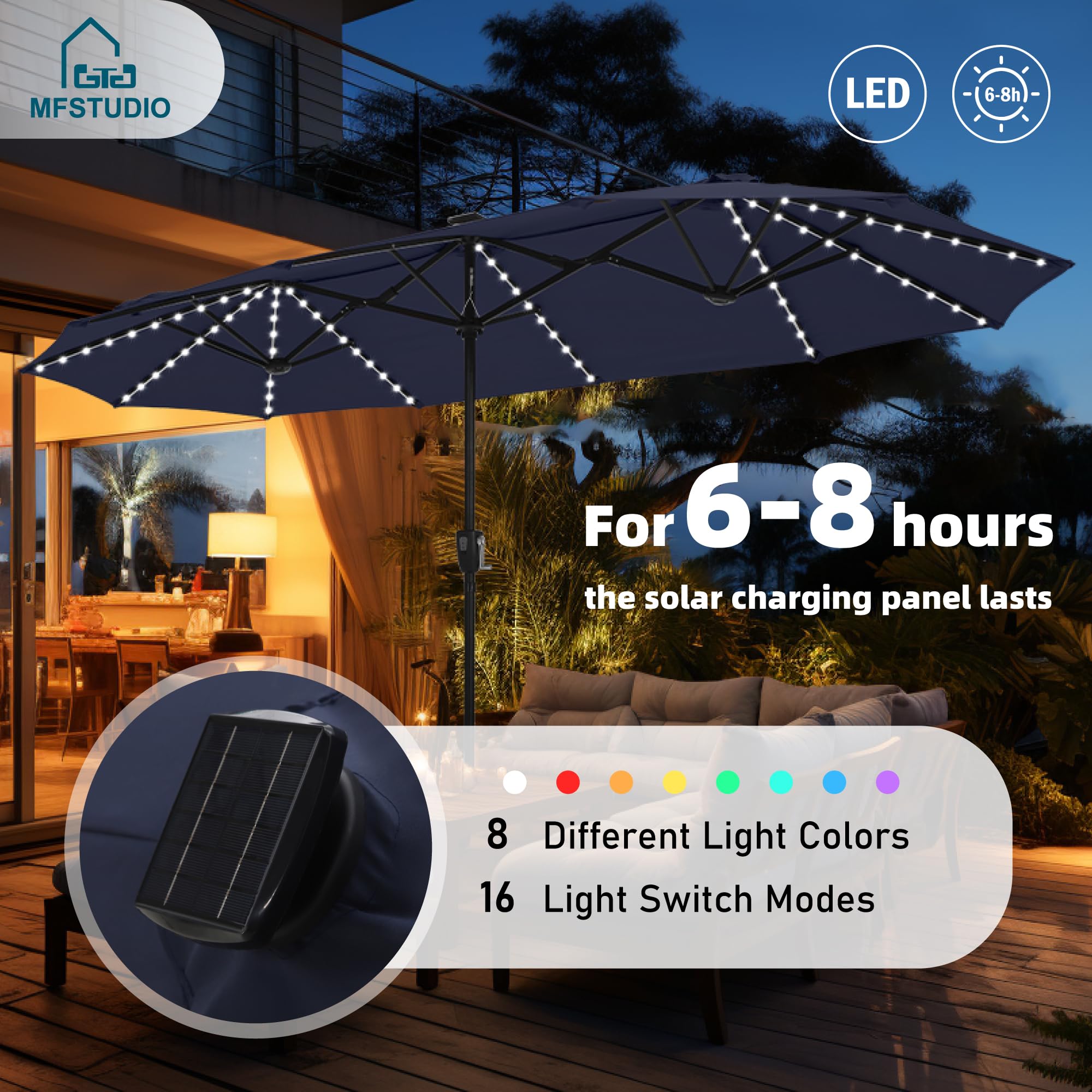 MFSTUDIO 13FT Patio Umbrella with Solar Lights, Double-Sided Outdoor Table Rectangular Umbrellas with120 LED Lights, Hand Crank for Lawn Backyard Pool, Navy Blue