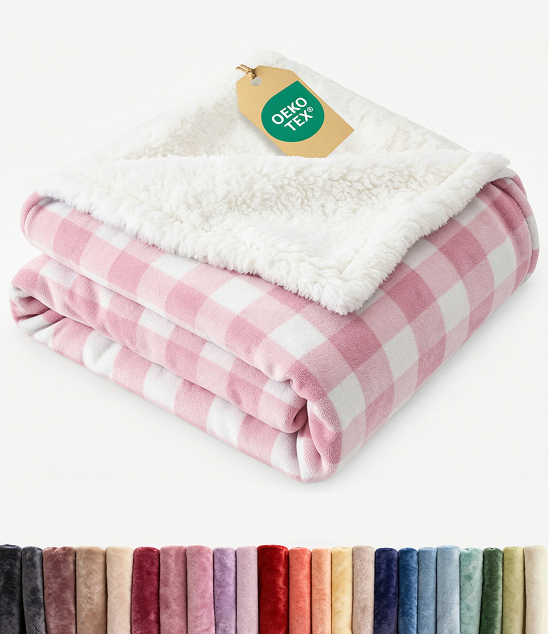 sherpa fleece blanket throw size - reversible sherpa fleece throw blanket - super soft double sided for bed, sofa, couch - thick, warm, plush - luxurious bedding for winter - pink checkered, 50" x 60"