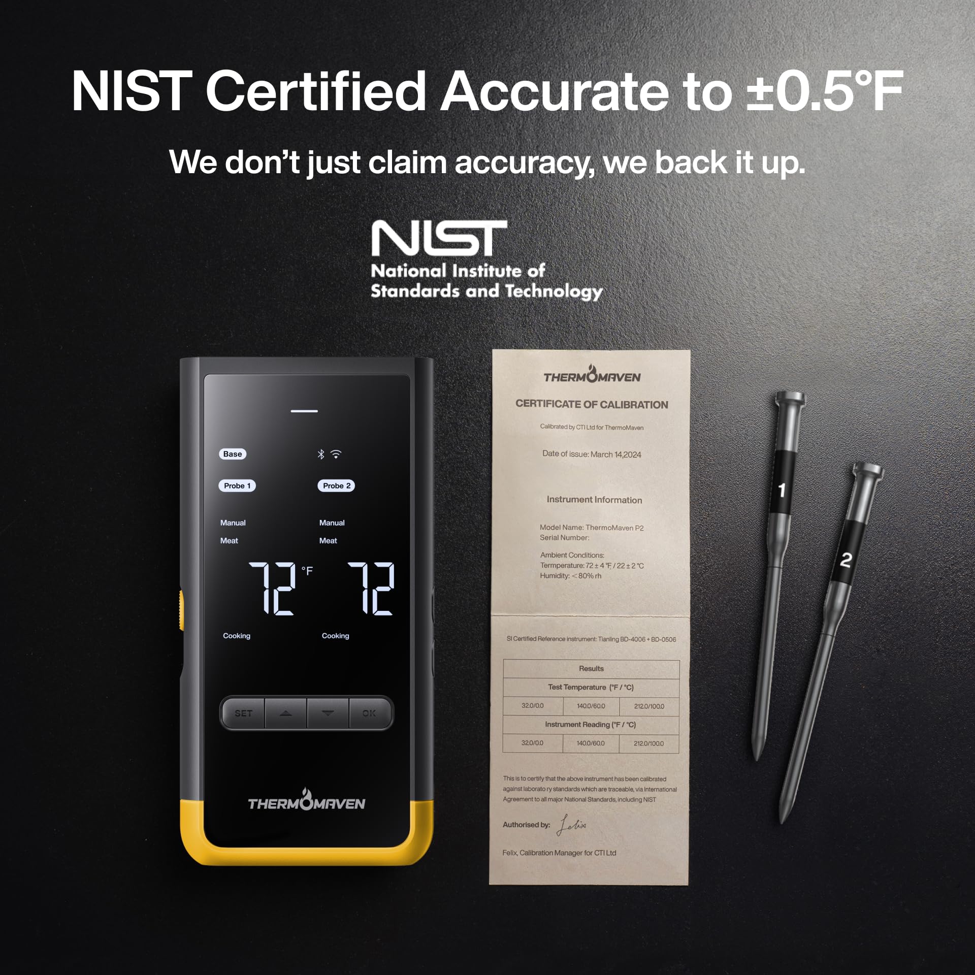 ThermoMaven Termómetro inalámbrico Bluetooth inteligente para carne: base independiente, alcance ilimitado WiFi, 6 sensores con precisión certificada por NIST, 2 sondas para cocina, barbacoa, horno
