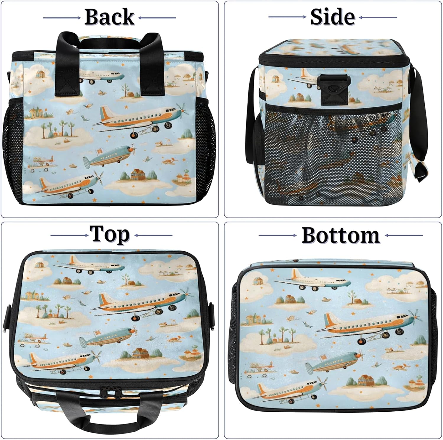 Cute Aircraft Insulated Large Lunch Bag Lunchbox Reusable Leakproof Cooler Bags with Shoulder Strap for Adult Men Women Work Picnic