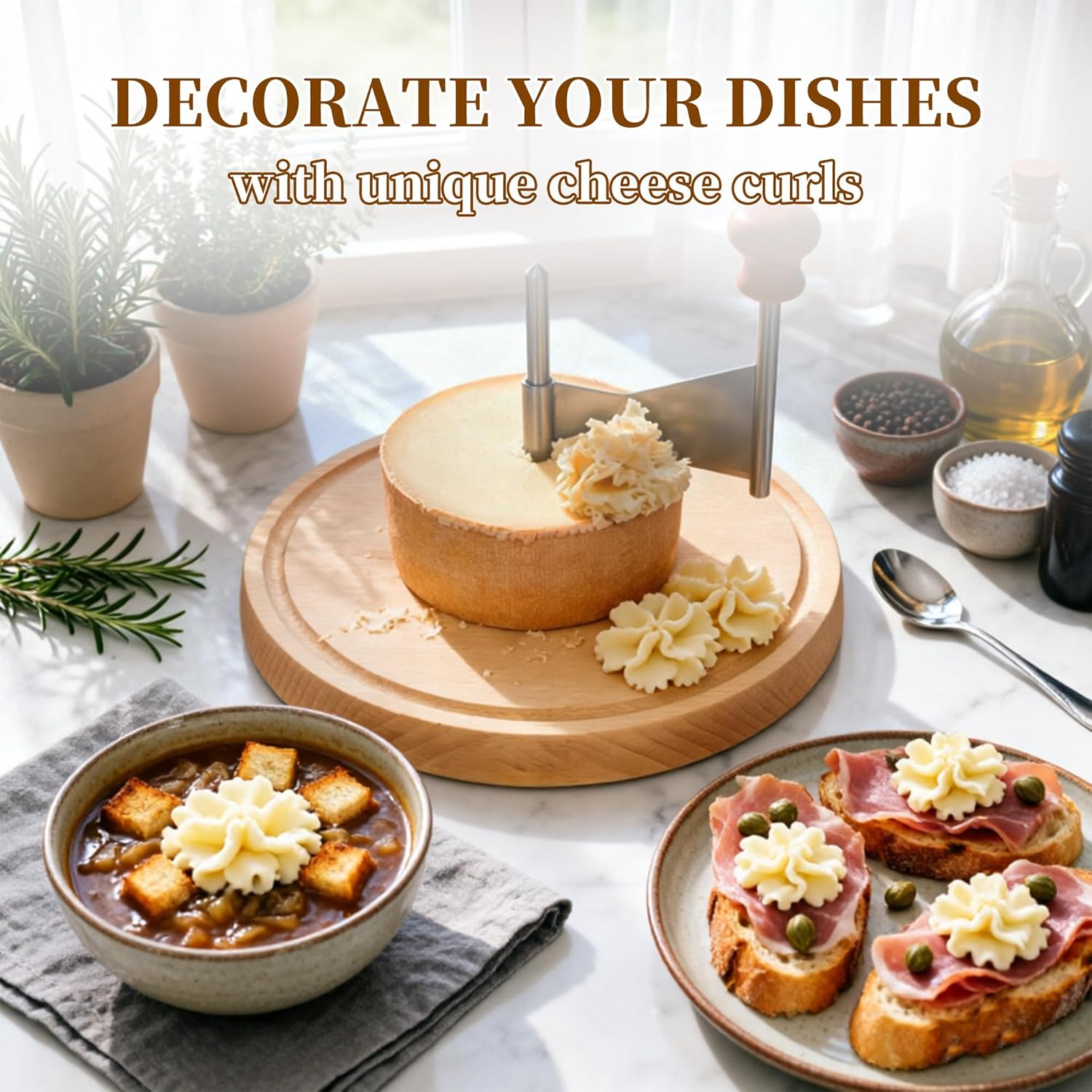 THOUSANDSUNNY Cheese Curler with Lid, Manual Cheese Curler Wheel Stainless Steel Slicer Chocolate Flower Shaver Tool Wooden Base for Kitchen