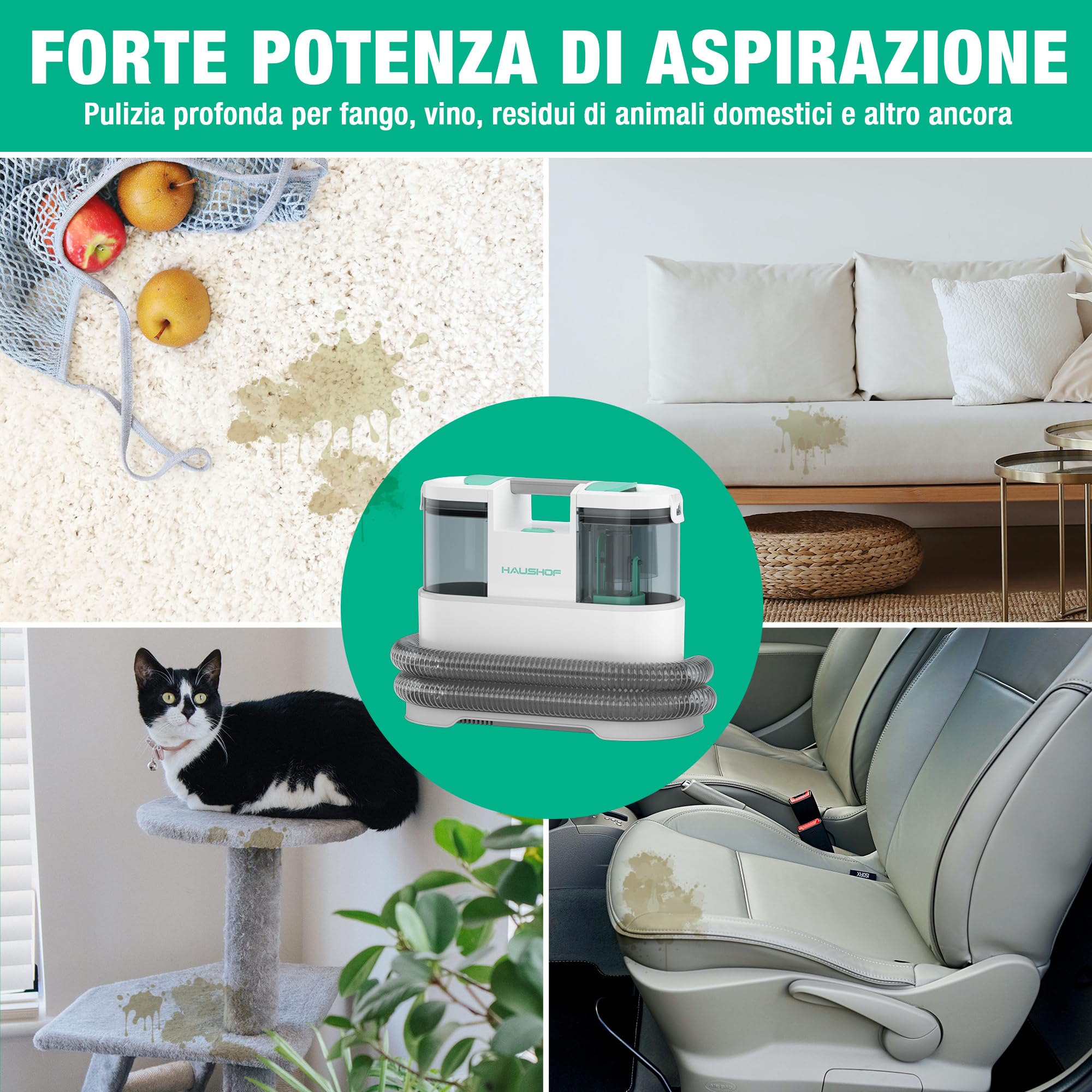 HAUSHOF StainZapper Pro - Lavatappeti Portatile 450W 11,5kPa, 1,5L lava tappezzeria ad Acqua con Detergente e Spazzola per Giunti, lava divano per Pulire Divano, Sedili Auto, Moquette e Tappeti