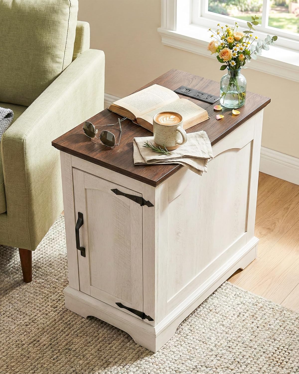 Narrow Side Table with Charging Station, 13.8" W Farmhouse Nightstand with Storage, 2 Outlets & 2 USB Ports, Rustic End Table for Living Room, Bedroom (White)