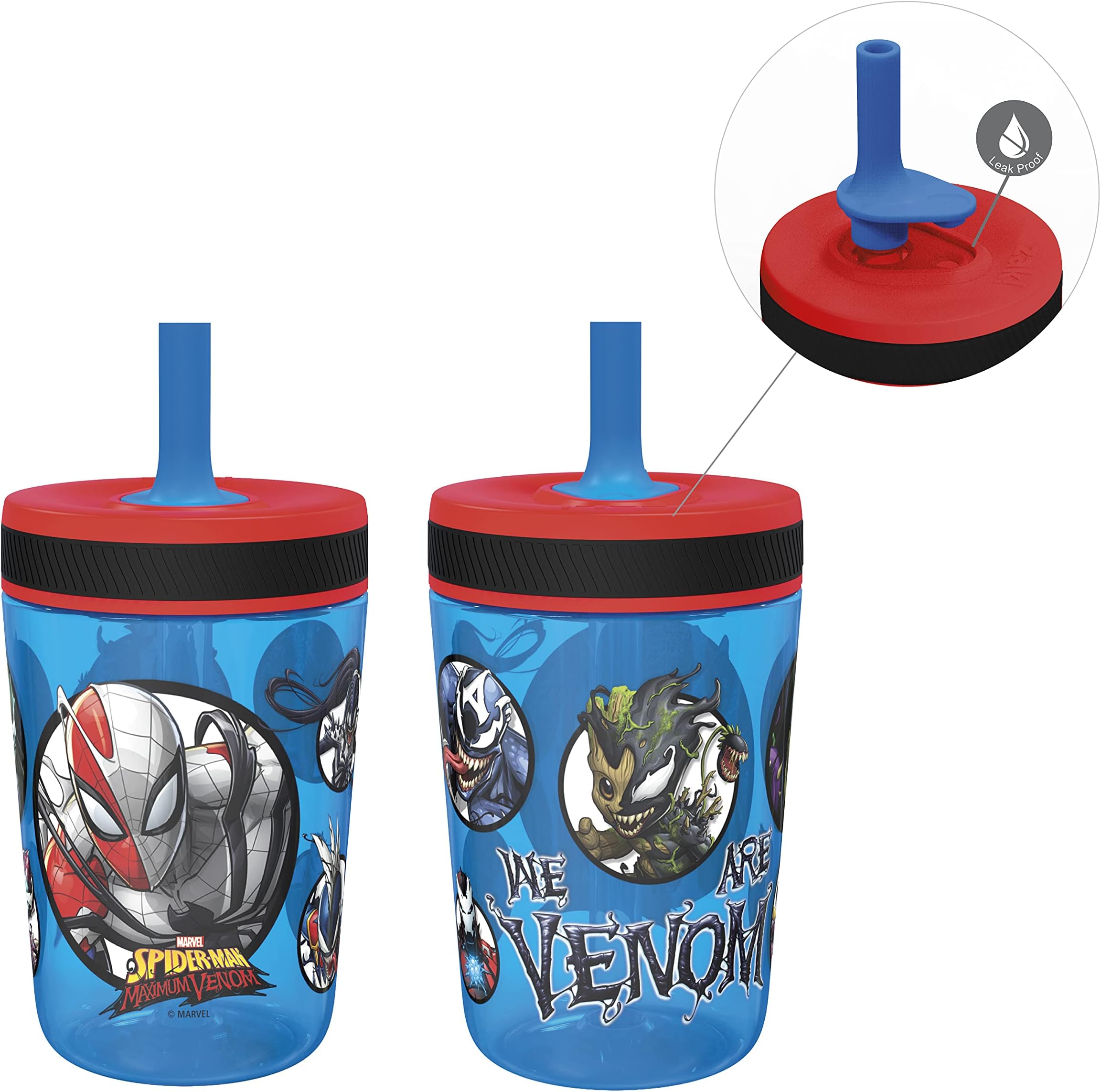 Zak Designs Marvel Spider-Man and Venom Kelso Tumbler Set, Leak-Proof Screw-On Lid with Straw, Made of Durable Plastic and Silicone, Perfect Bundle for Kids (15 oz, 2pc Set)