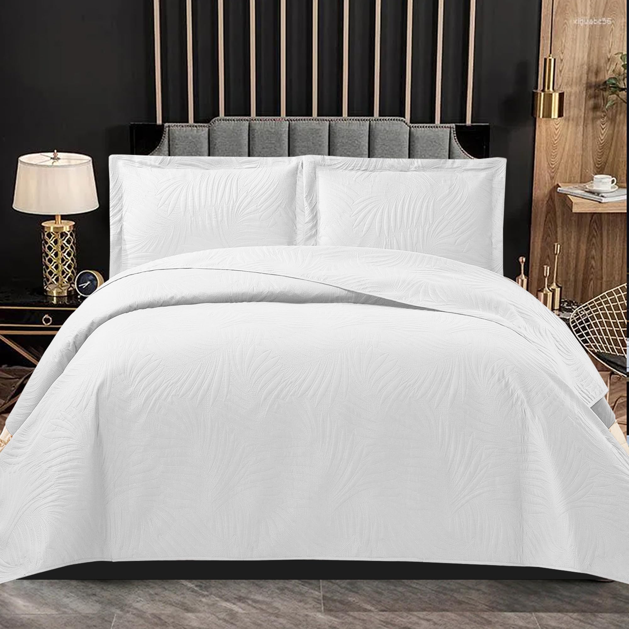 PHP Bedspread Bed Throws for Bedroom Decor - Decorative Embossed Tropical Leaf Pattern Quilted Fabric Reversible Quilt Bedspreads Coverlets with Pillow Case (Super King, white)