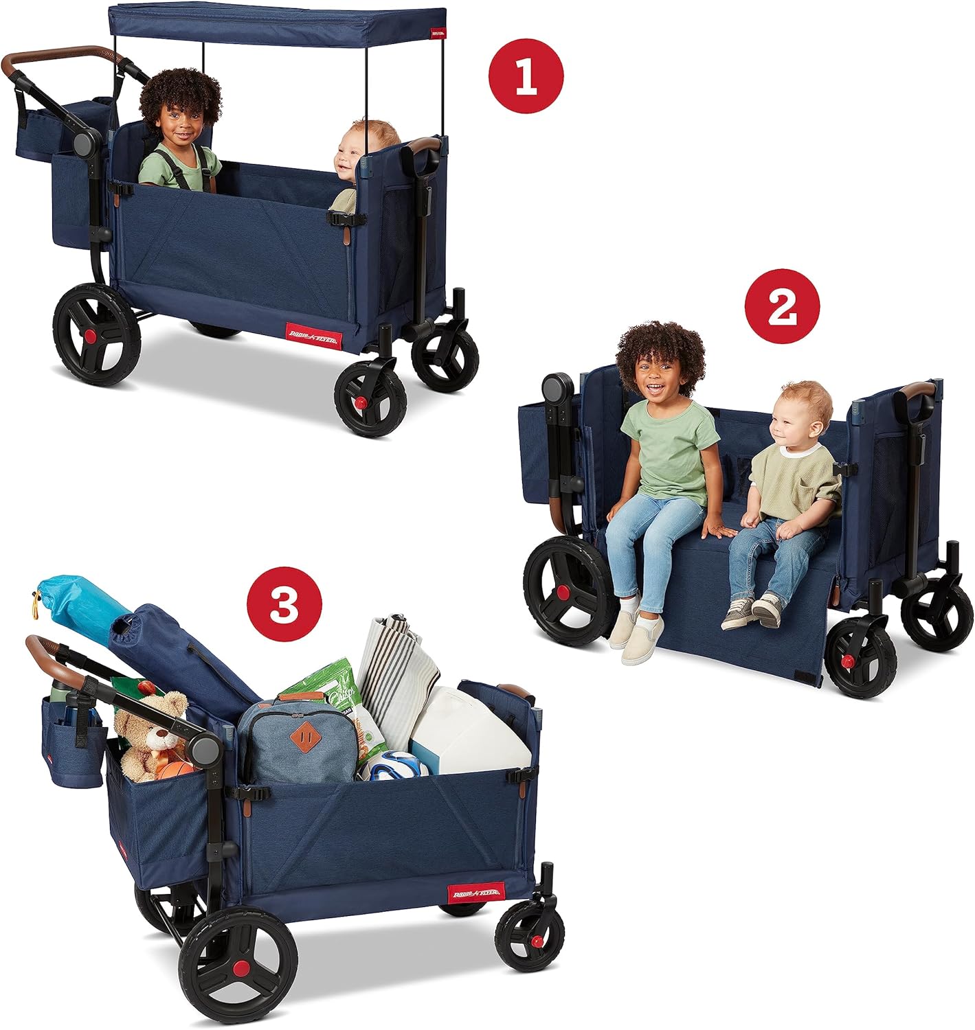 Radio Flyer Atlas Stroll ’N Wagon, Navy Blue, for Ages 1+, 3-in-1 Push or Pull Versatility, One-Hand Fold, UV Canopy, 5-Point Harnesses, Storage Capabilities, Rubber Wheels, Stroller Wagon for Kids