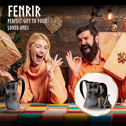 Miniatura 16 de FENRIR Juego de tazas de cuerno vikingo de 16 onzas – Regalos para hombres, papá, esposo – Regalo único vikingo – Taza de cuerno de buey real hecha