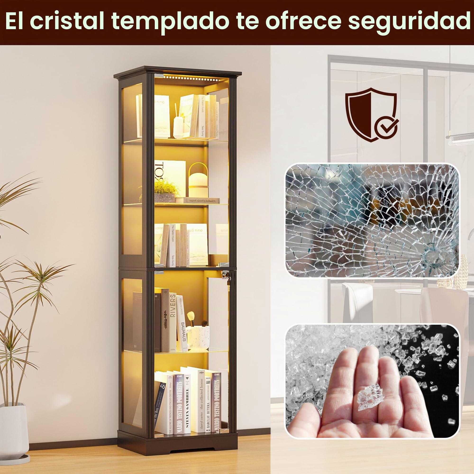 180 CM Vitrinas de Cristal LED y Partición Ajustable para Salón,Blanco | Vitrina esquinera con puerta de cristal con cerradura para Sala de estar,Vitrina con sensor de movimiento y cristal templado