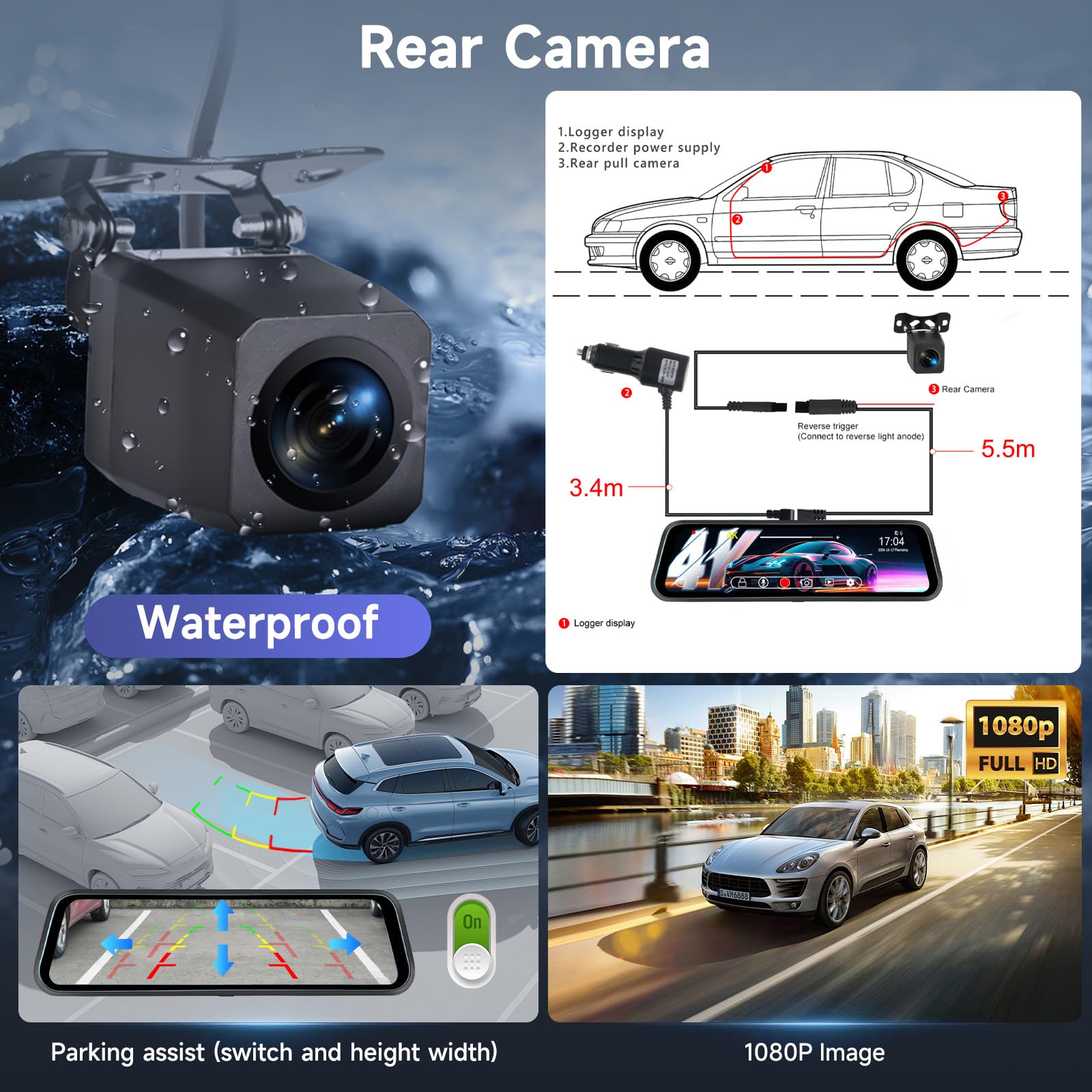 9.66‘’ 4K+1080P Dashcam Rétroviseur Wi-FI et Contrôle par Application,Carte TF 64 Go, Détection de Gravité, Surveillance du Stationnement, Assistance à la Marche Arrière, Enregistrement en Boucle